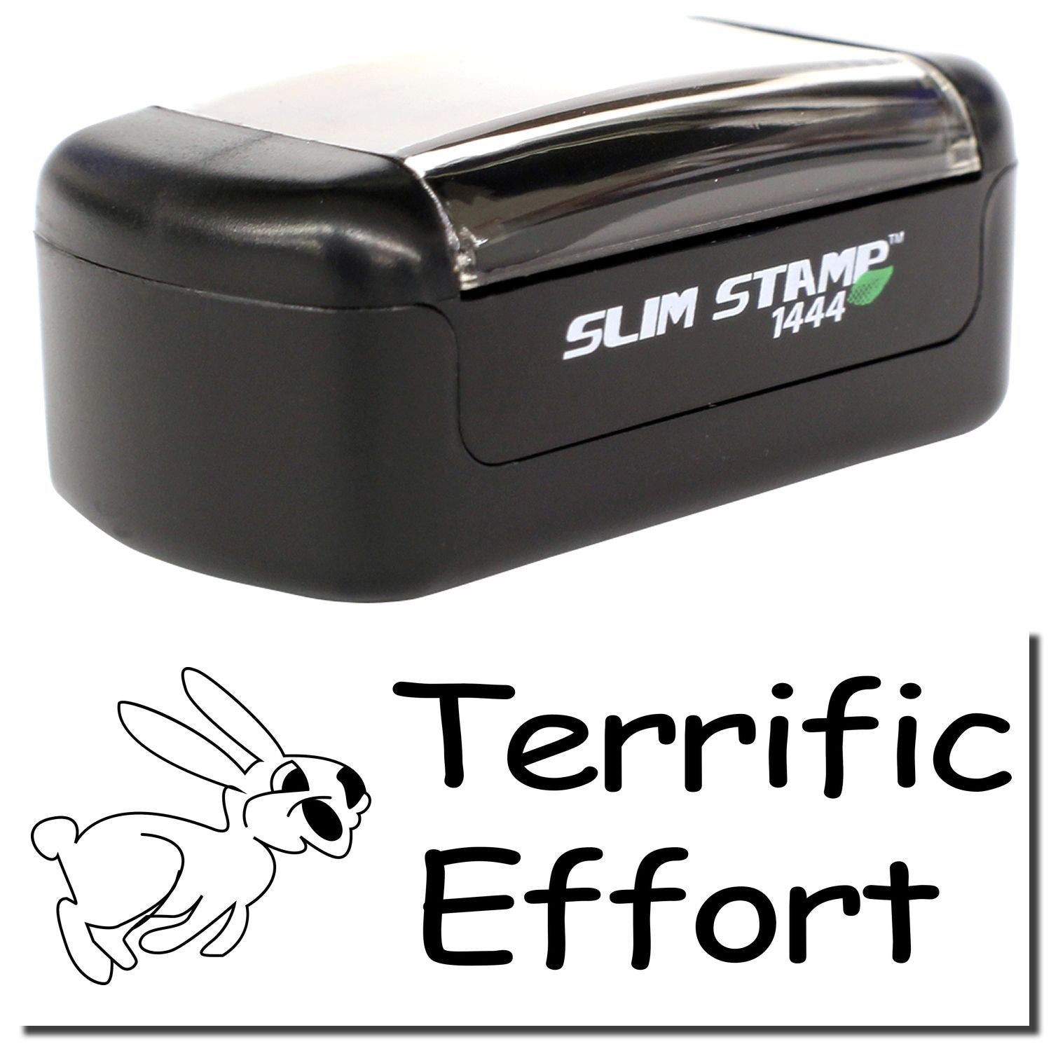 Slim Stamp 1444 self-inking stamp with Terrific Effort text and rabbit icon design.