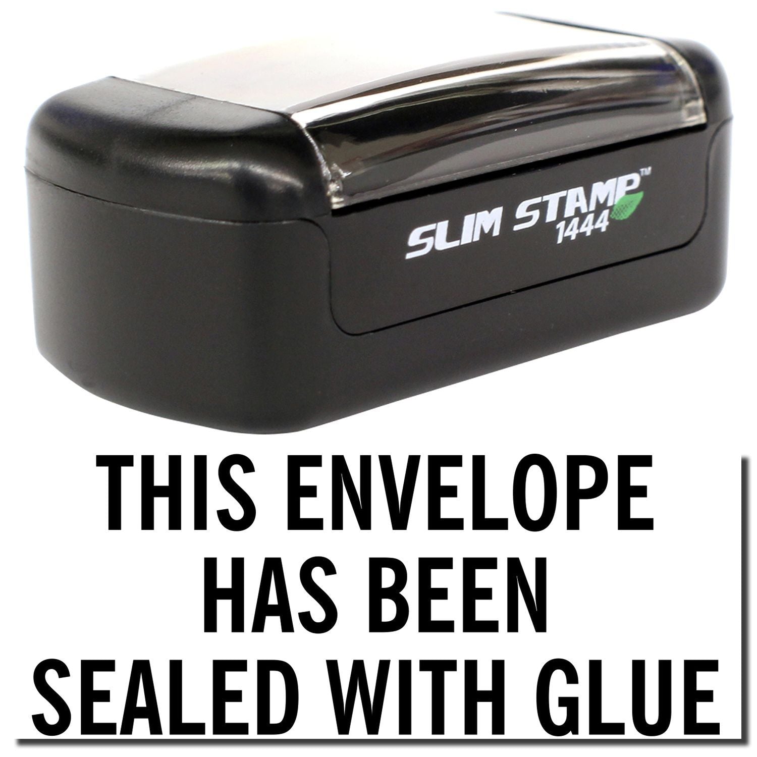Black Slim Stamp 1444 self-inking address stamp with text This envelope has been sealed with glue on white background.