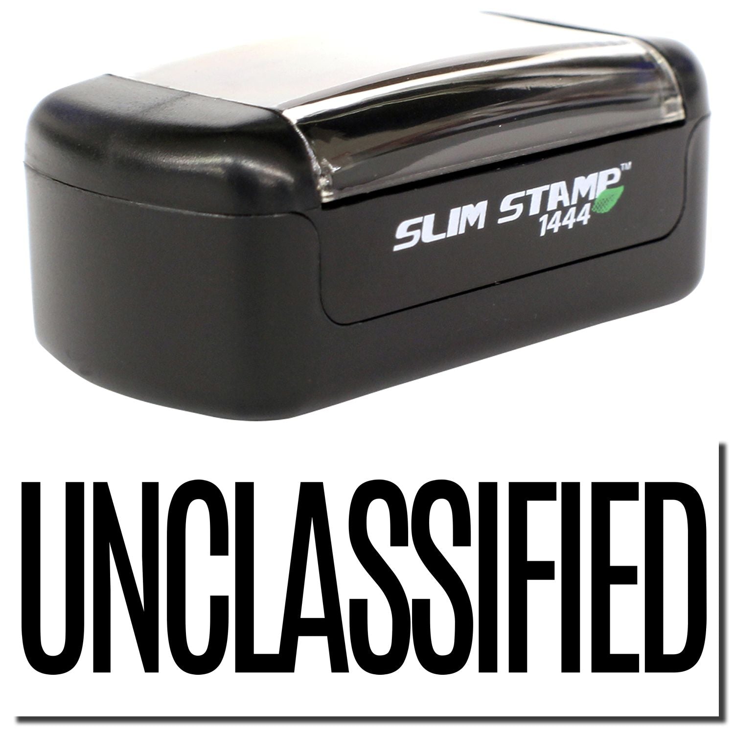 Black Slim Stamp 1444 self-inking stamp with UNCLASSIFIED imprint for office documents and secure labeling