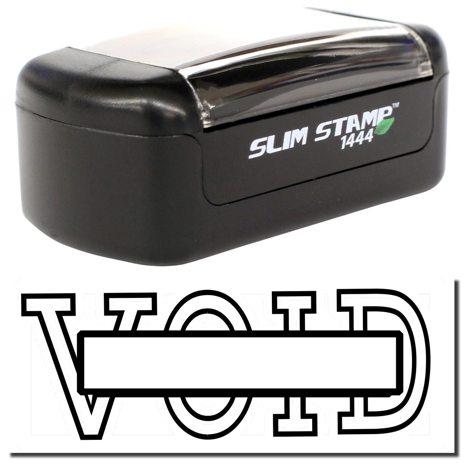 Black Slim Stamp 1444 self-inking security stamp with VOID imprint for document cancellation and protection.