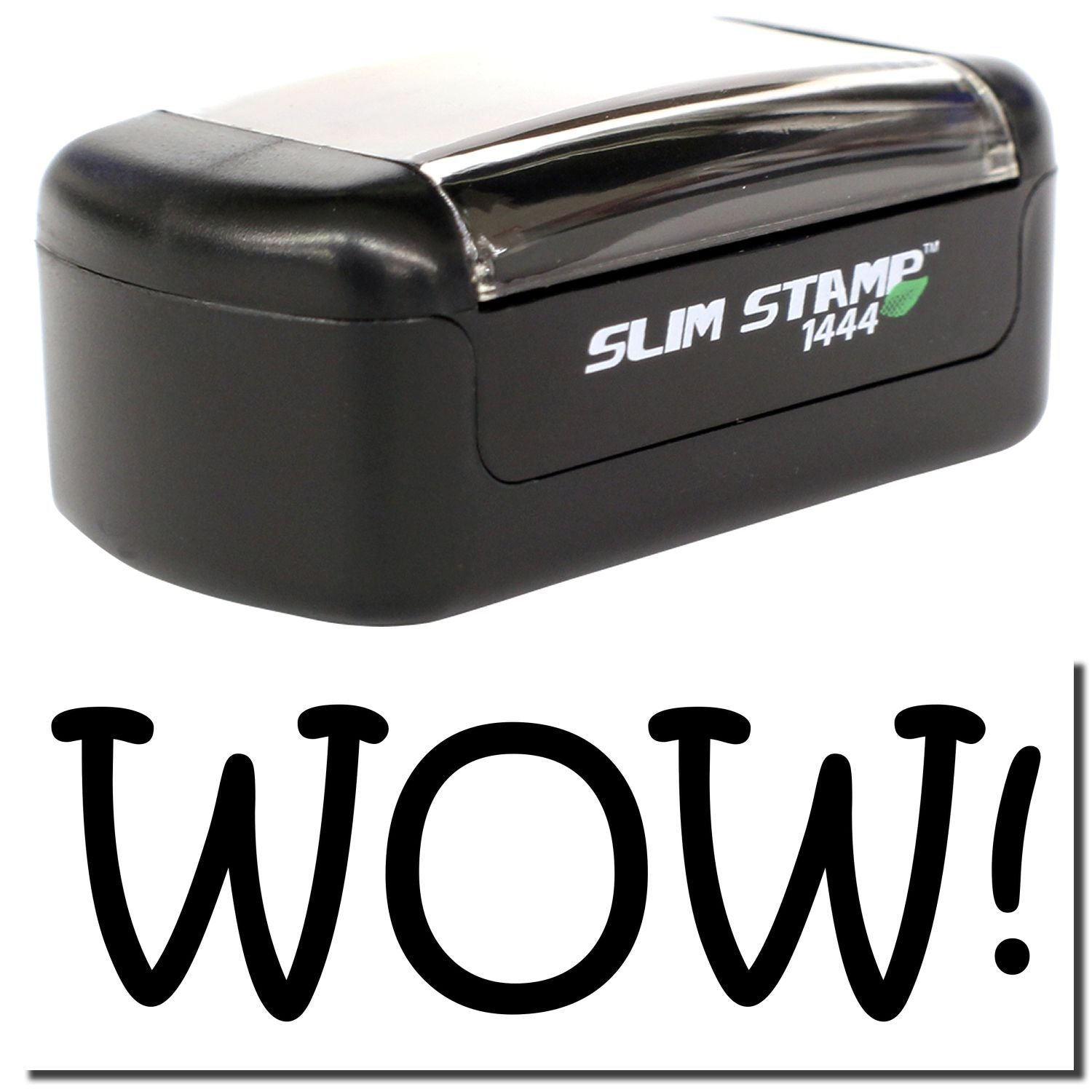 Black Slim Stamp 1444 self-inking rubber stamp with WOW! text, compact office stamping tool