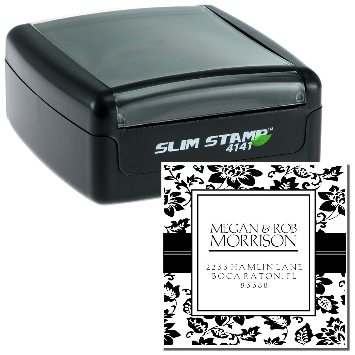 Custom self-inking address rubber stamp with floral frame, ideal for personalized wedding invitations and mailing labels.