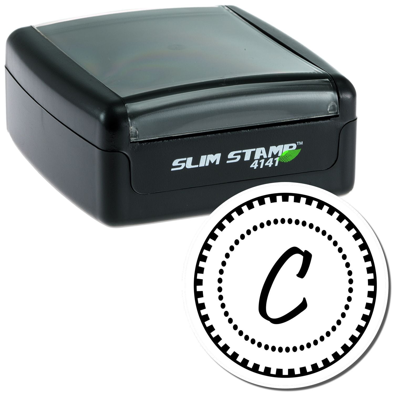 Slim Stamp 4141 self-inking rubber stamp with letter C, ideal for custom office marking and monogram imprinting.