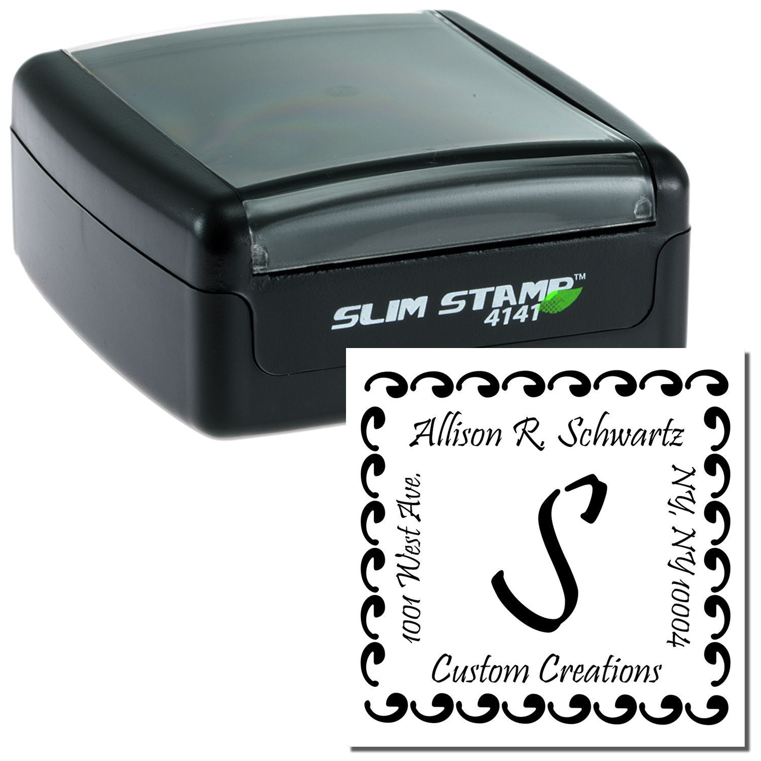Custom self-inking rubber stamp with personalized name and return address for business, wedding, or craft use.