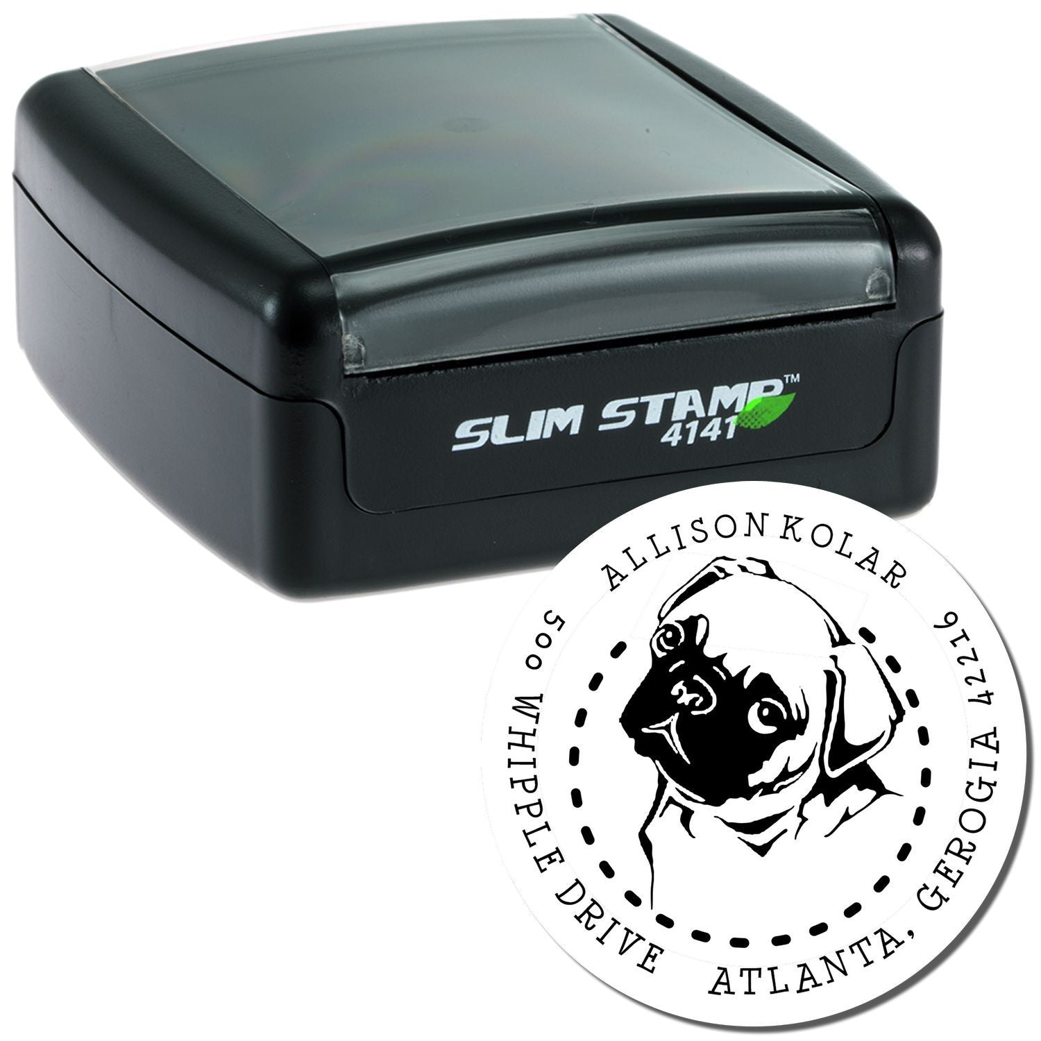 Slim Stamp 4141 self-inking rubber stamp with custom dog return address design for Atlanta, Georgia mailing.