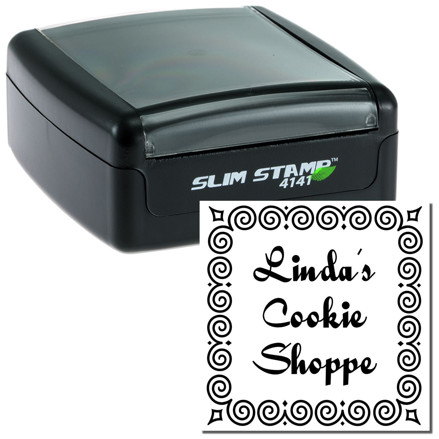 Slim Stamp self-inking rubber stamp with custom Lindas Cookie Shoppe design for bakery branding.