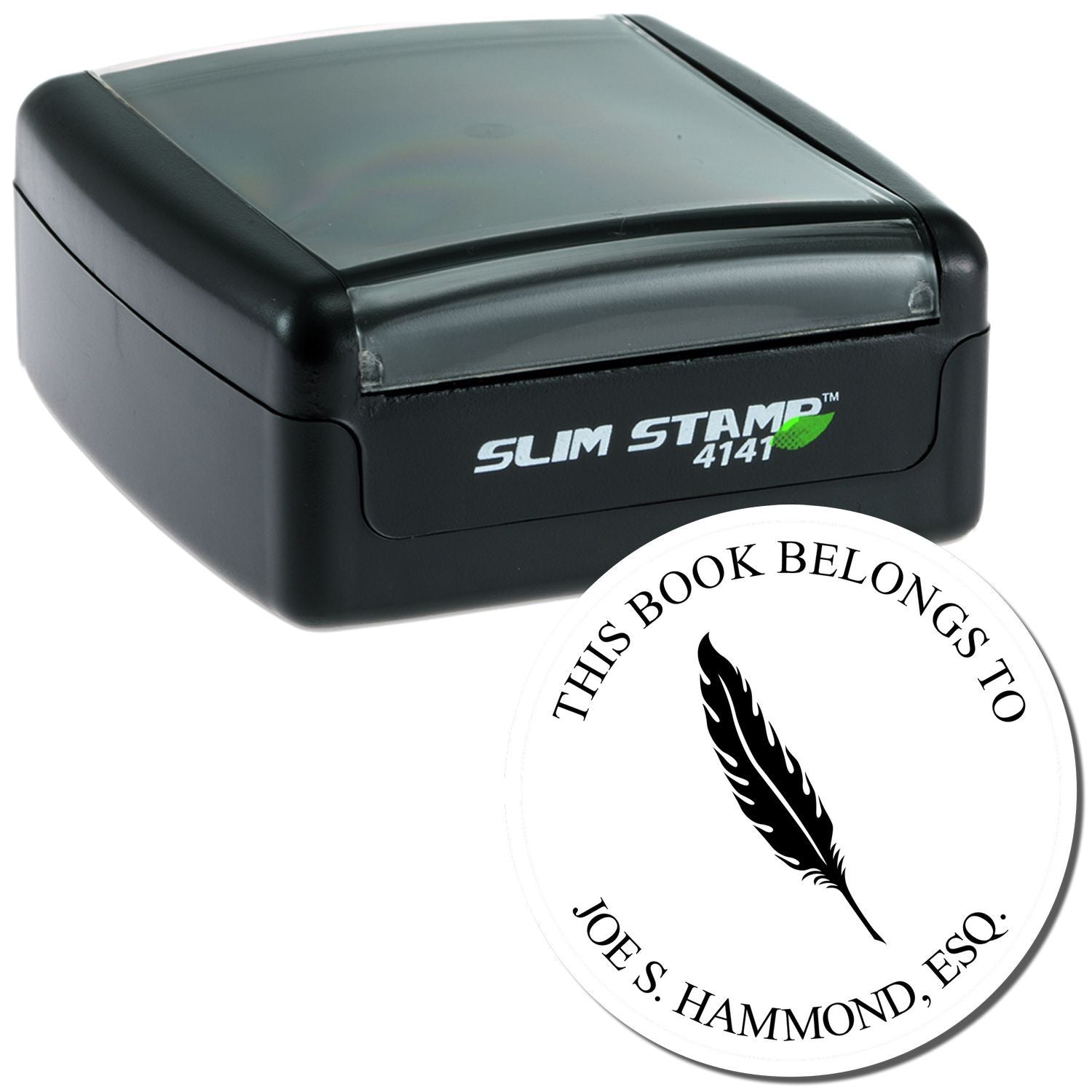 Custom rubber book stamp for personal libraries, featuring feather design and This Book Belongs To name imprint.