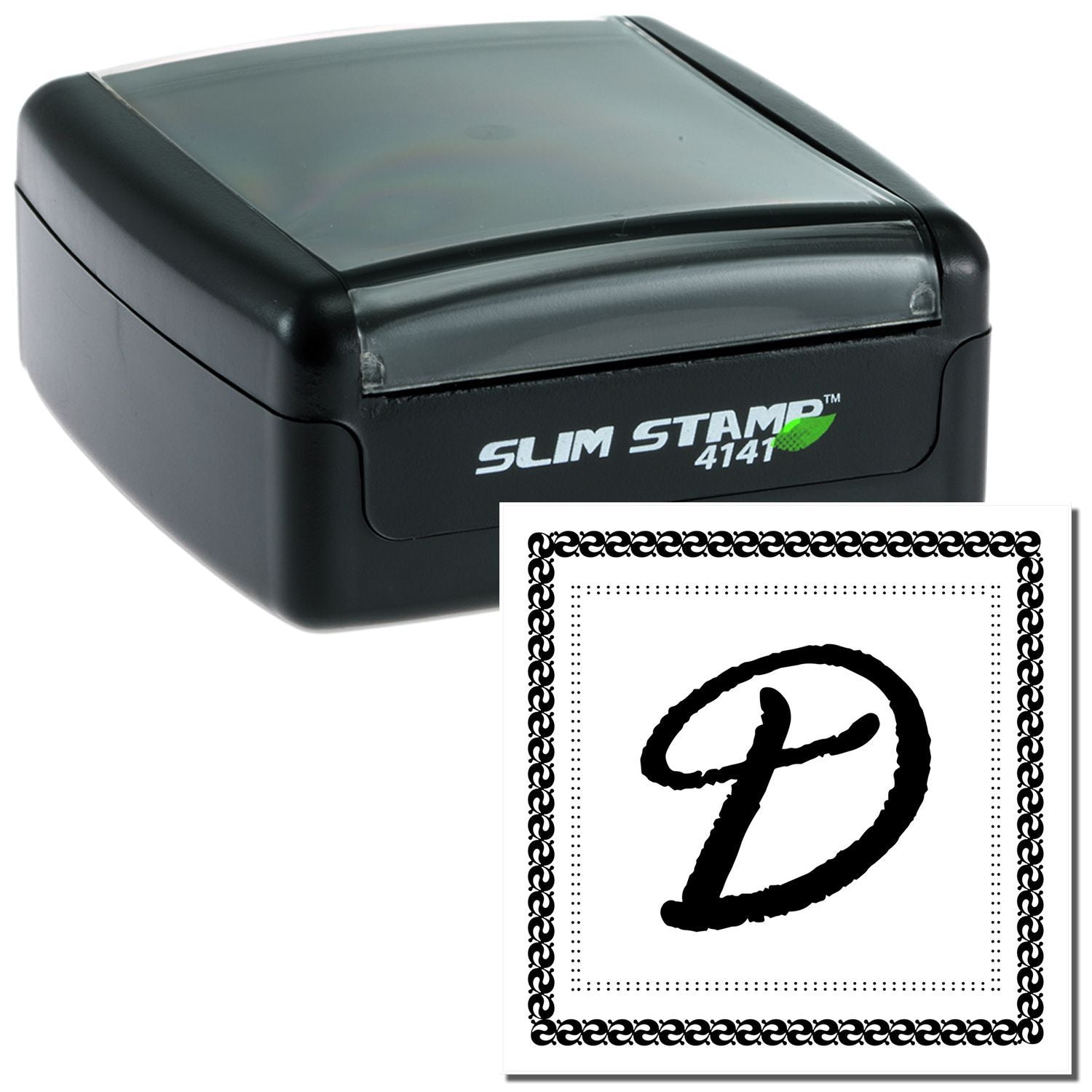 Slim Stamp 4141 self-inking rubber stamp with custom decorative monogram design and border sample.