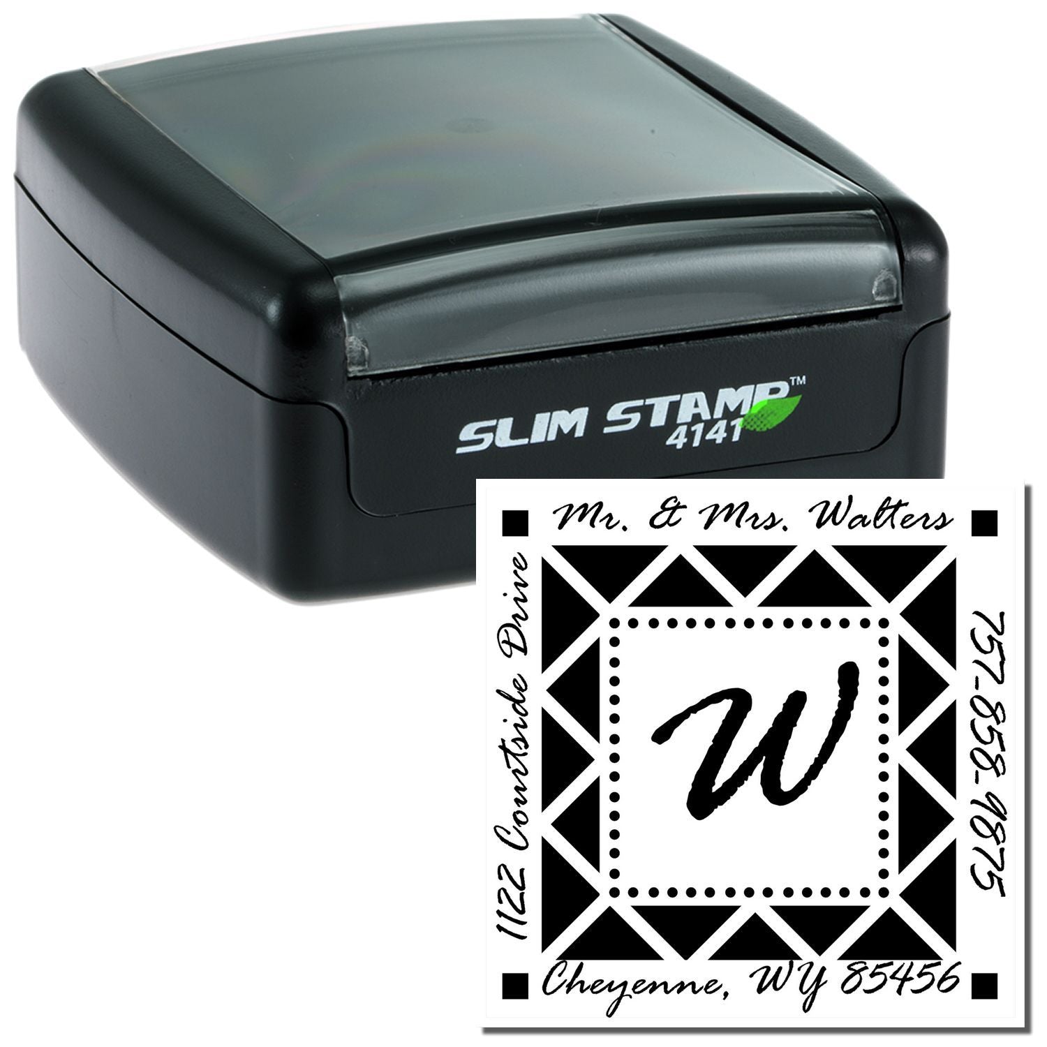 Slim Stamp self-inking custom return address rubber stamp with monogram and personalized family address design