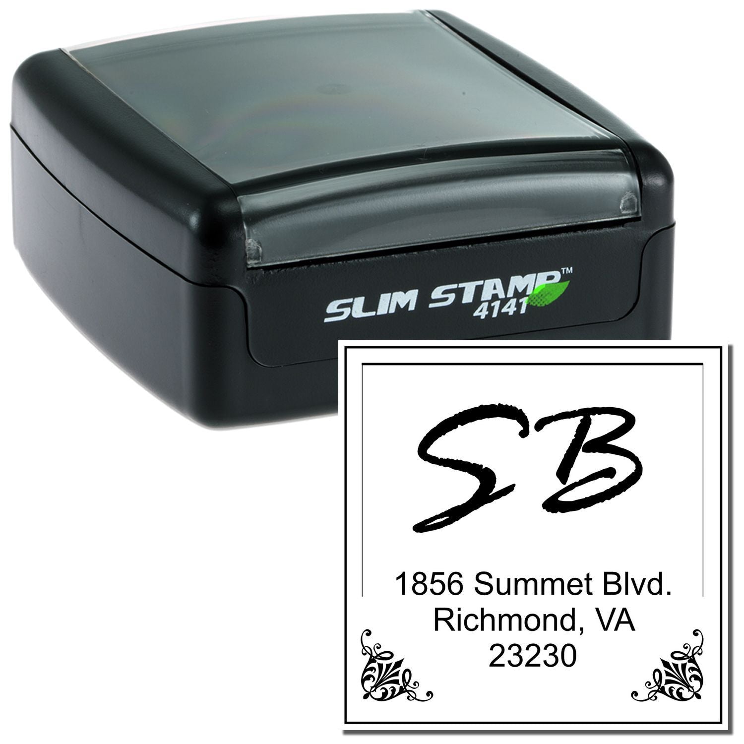 Custom self-inking rubber address stamp with Slim Stamp 4141 case, ideal for business return addresses and mailings.
