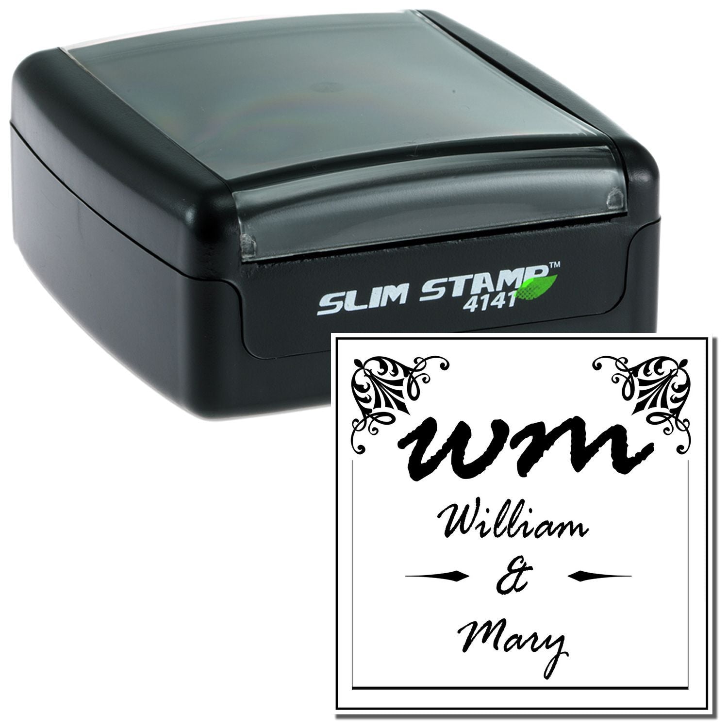 Personalized self-inking rubber stamp with wedding monogram design for William & Mary, shown in Slim Stamp 4141 case.