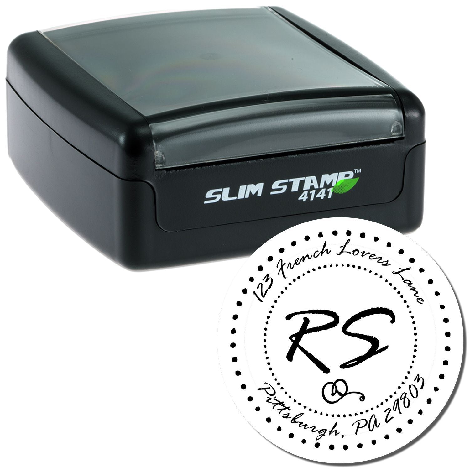 Slim Stamp 4141 self-inking custom address stamp with round monogram design for mailing and personal stationery