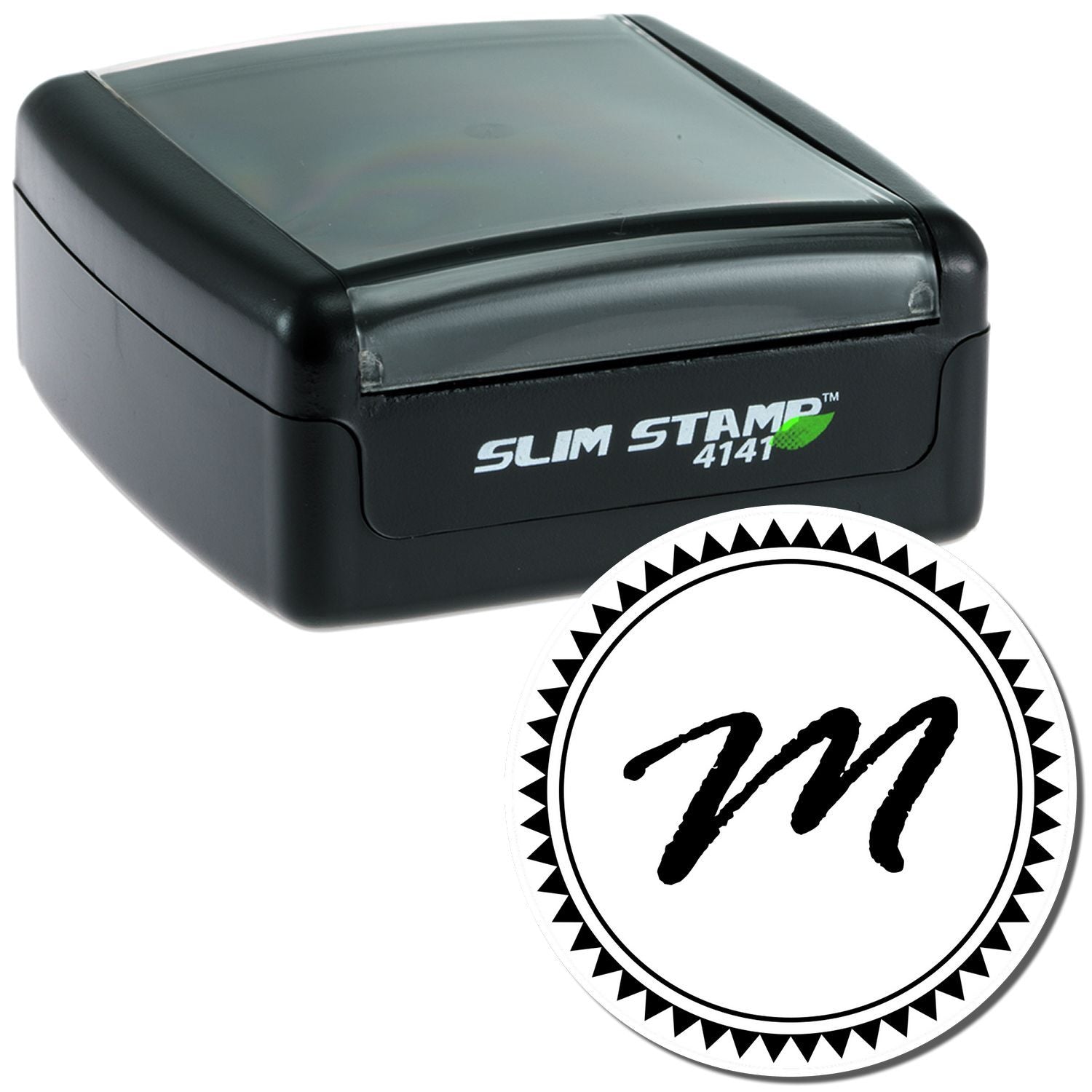 Self-inking Slim Stamp 4141 with custom round logo impression for quick, professional rubber stamp marking.