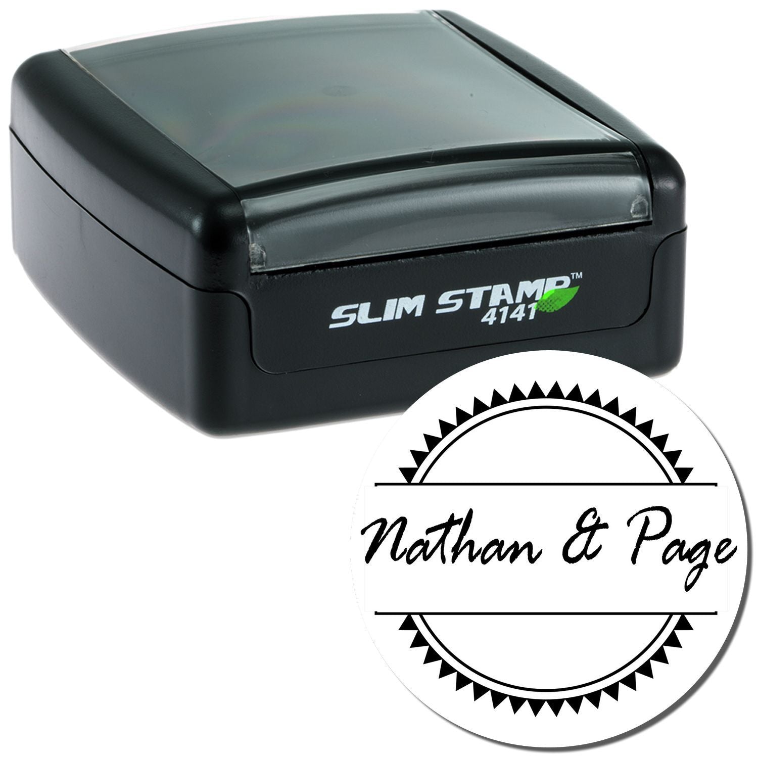 Slim Stamp 4141 self-inking rubber stamp with custom circular logo and name imprint for business branding