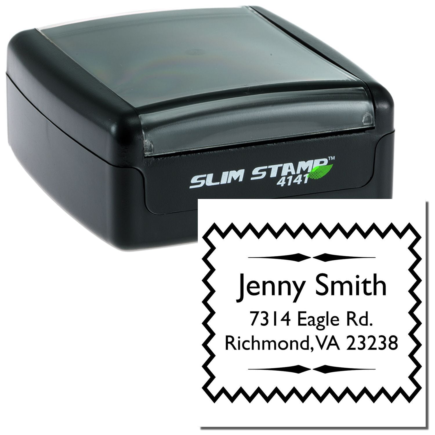 Slim Stamp 4141 automatic address stamp showing Jeny Smith, 7314 Eagle Rd, Richmond VA 23238.