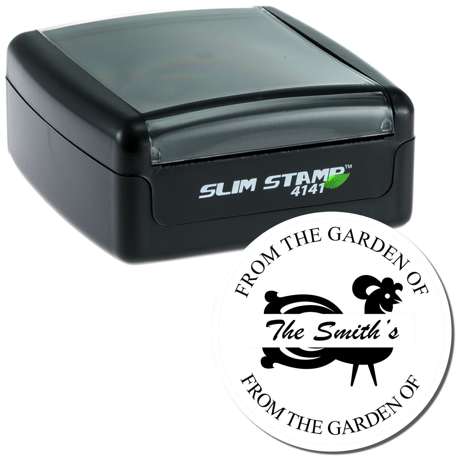 Self-inking custom rubber stamp with personalized round From the Garden of The Smiths design for home or business use.