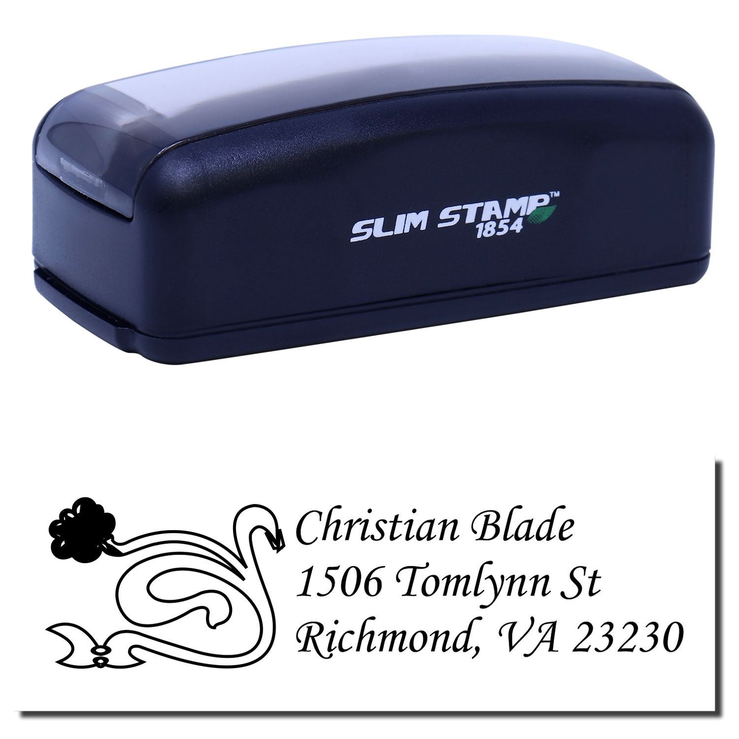 Slim Stamp 1854 self-inking rubber stamp with custom return address imprint for Christian Blade, Richmond VA 23230