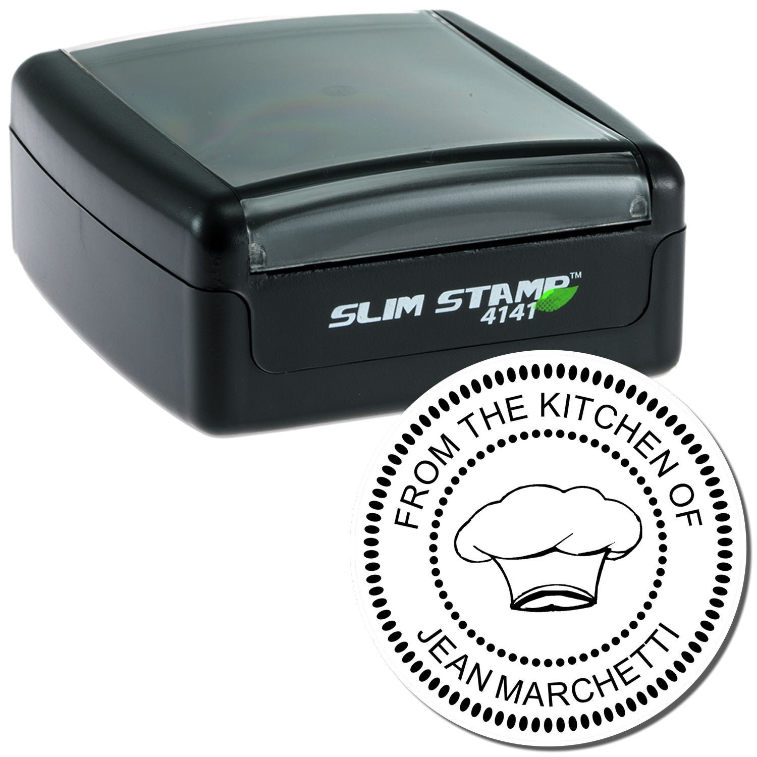 Slim Stamp 4141 self-inking personalized rubber stamp with custom chef logo reading From the Kitchen of Jean Marchetti.