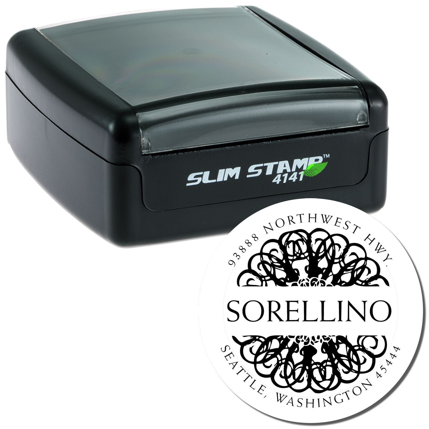 Slim Stamp 4141 self-inking rubber address stamp with custom Sorellino address imprint for Seattle, Washington.