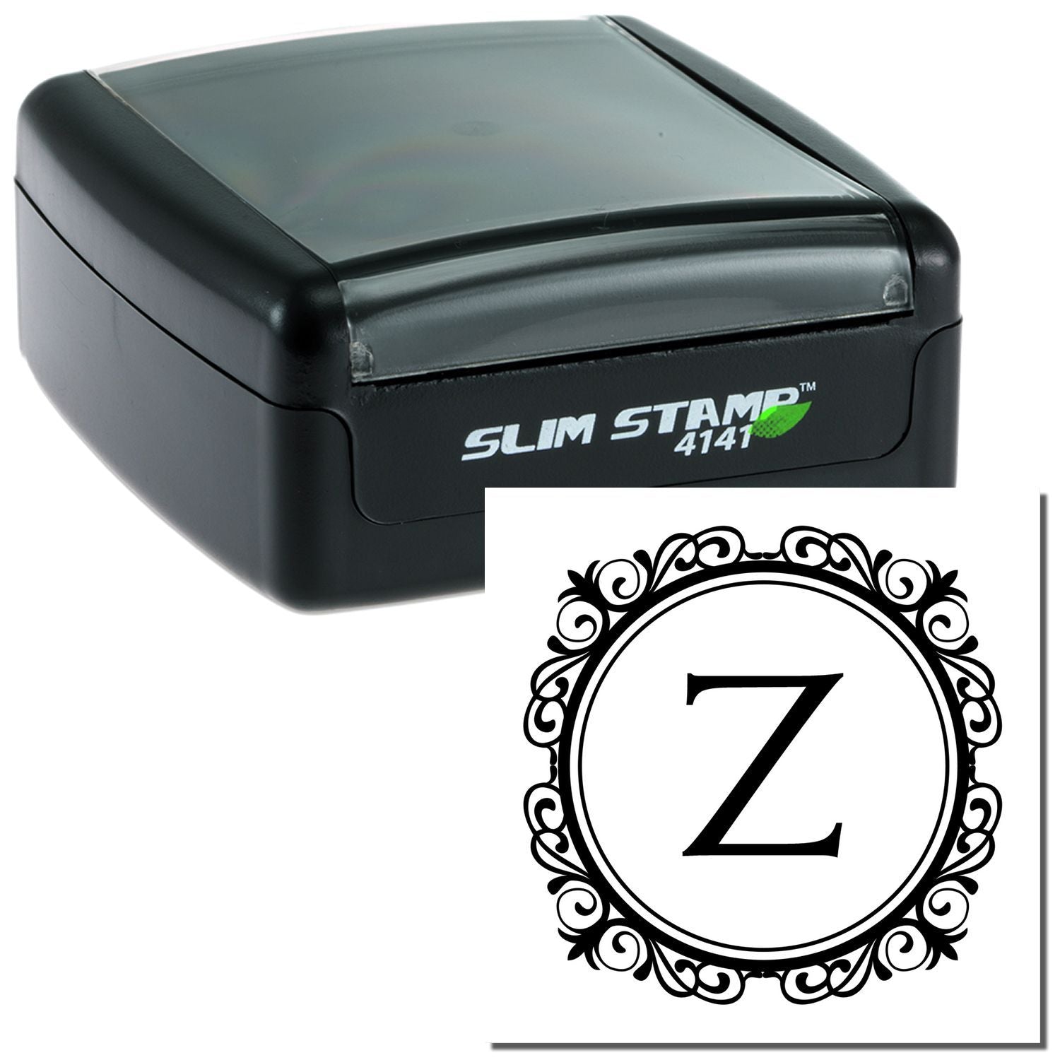 Custom Z monogram self-inking rubber stamp with decorative border for personalized branding.