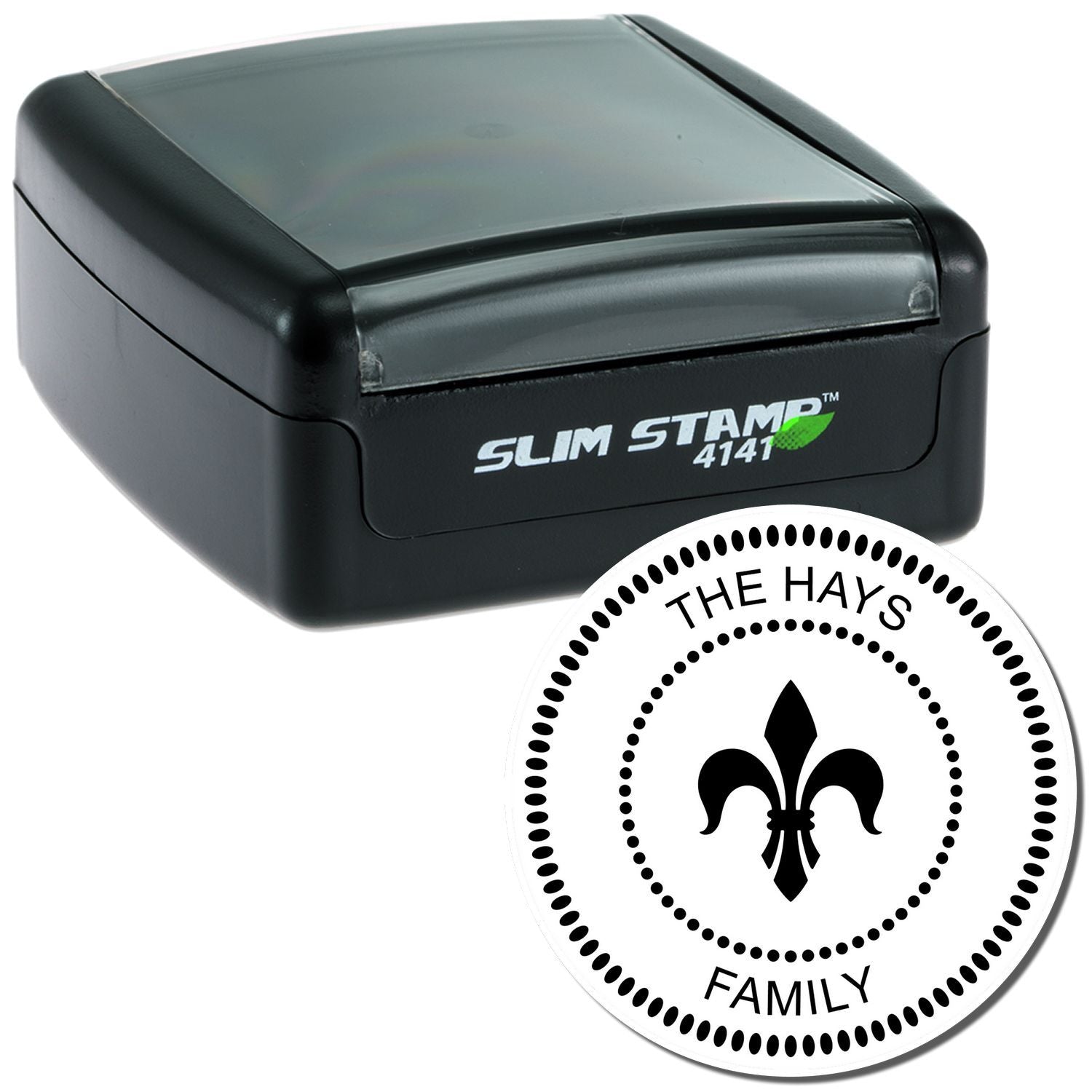 Slim self-inking custom rubber stamp with fleur-de-lis monogram and The Hays Family design