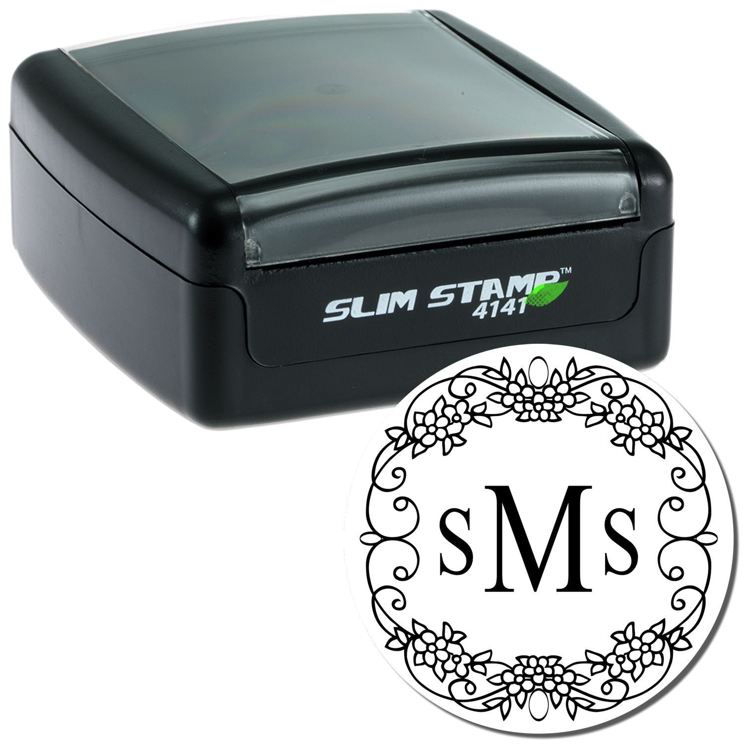 Slim self-inking rubber stamp with floral SMS monogram for custom personalized stationery and craft stamping.