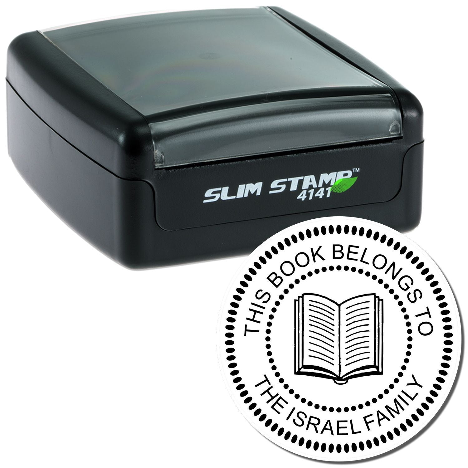 Self-inking rubber stamp for books, personalized with This Book Belongs to the Israel Family and book icon.