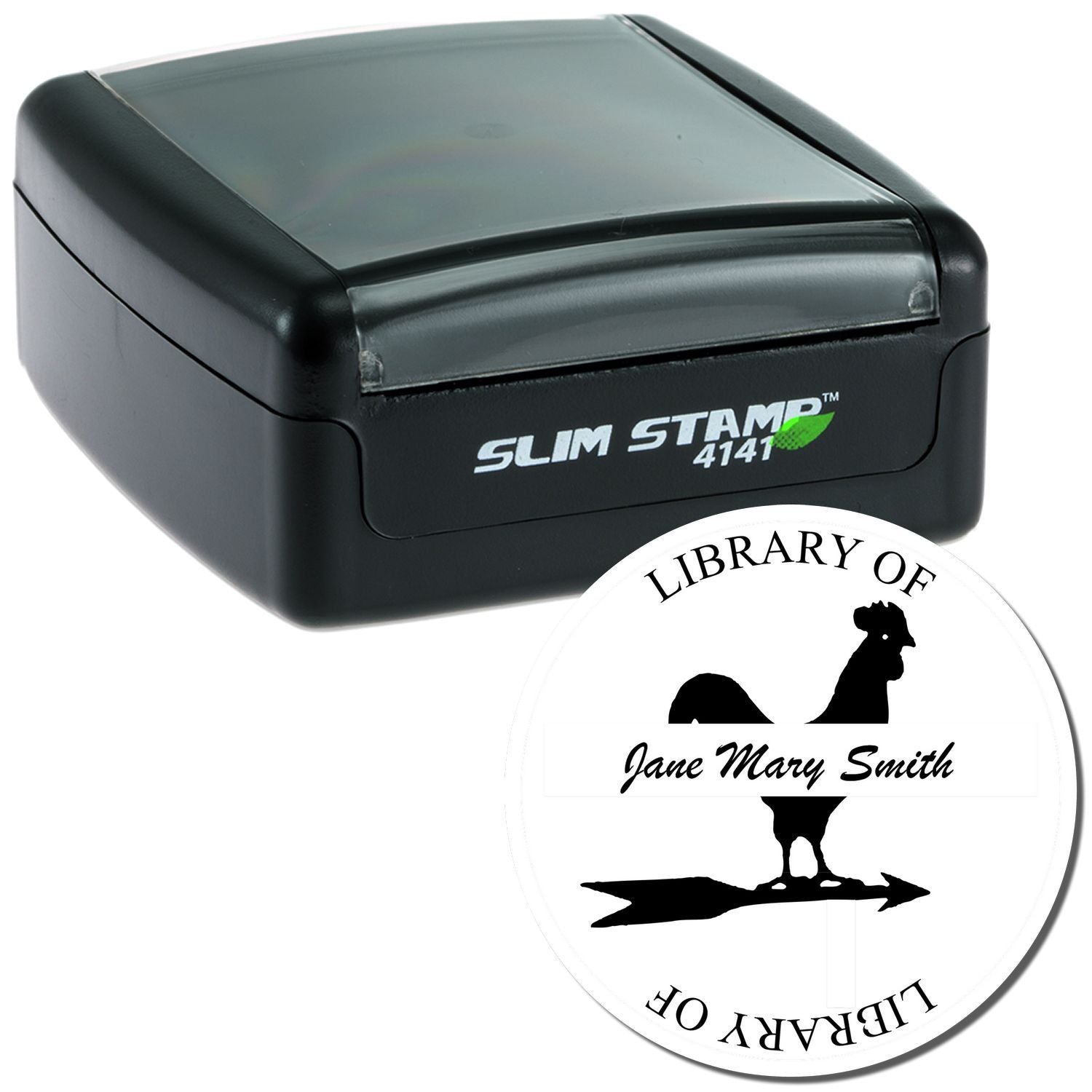 Custom self-inking rubber library stamp for Jane Mary Smith with personalized bookplate design and Slim Stamp 4141
