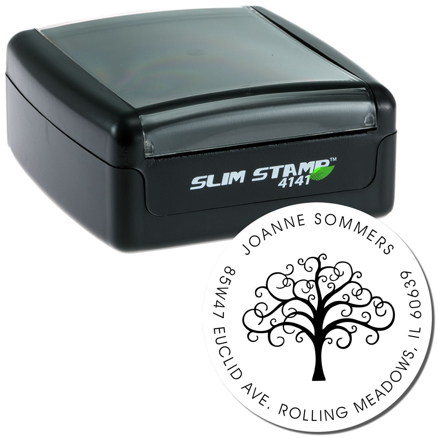 Slim Stamp 4141 custom self-inking address stamp with tree logo and personalized circular return address design.