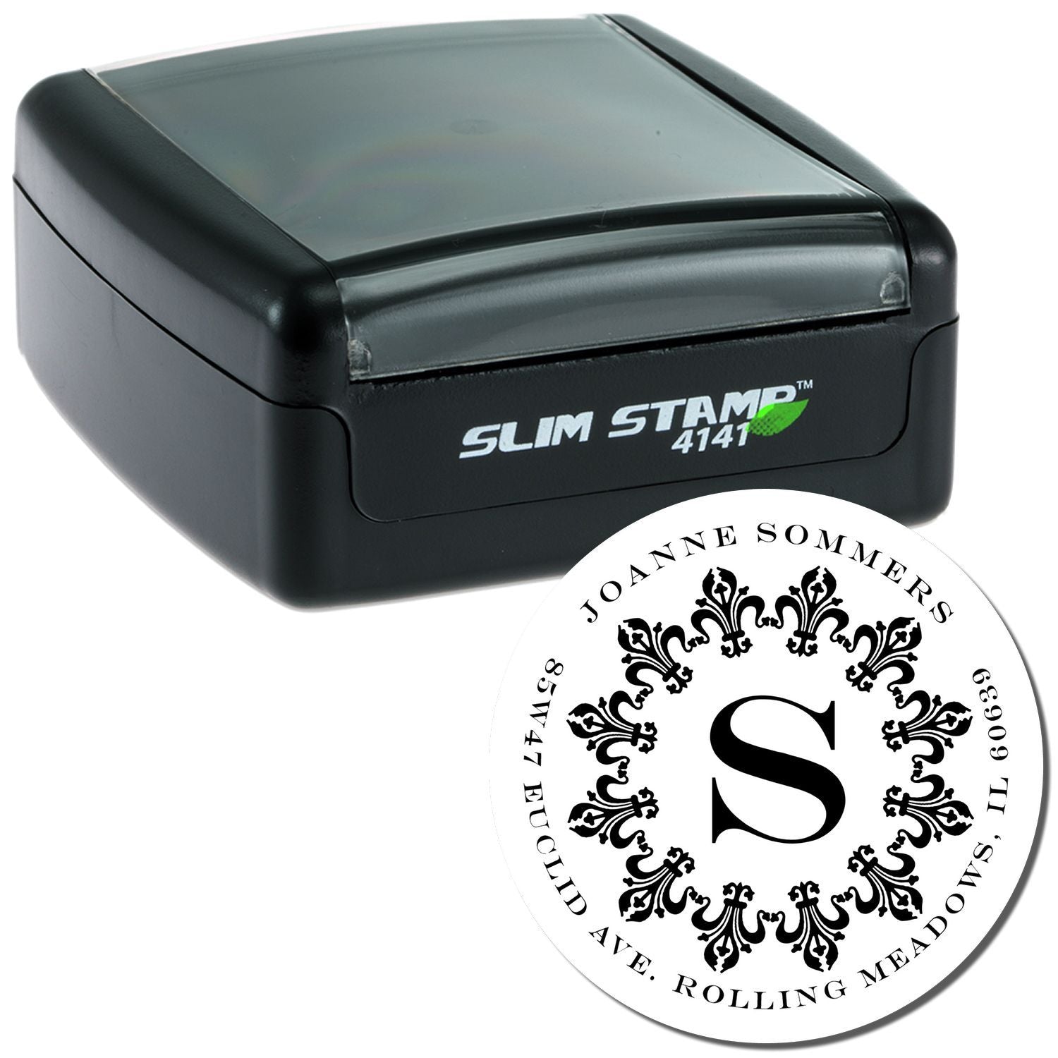 Custom self-inking rubber stamp with monogram imprint, shown in Slim Stamp 4141 case for personalized business or address use.
