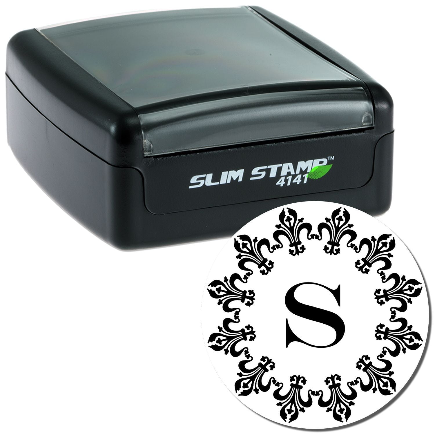 Slim Stamp 4141 custom self-inking monogram stamp with decorative letter S, ideal for personalized stationery and crafts.