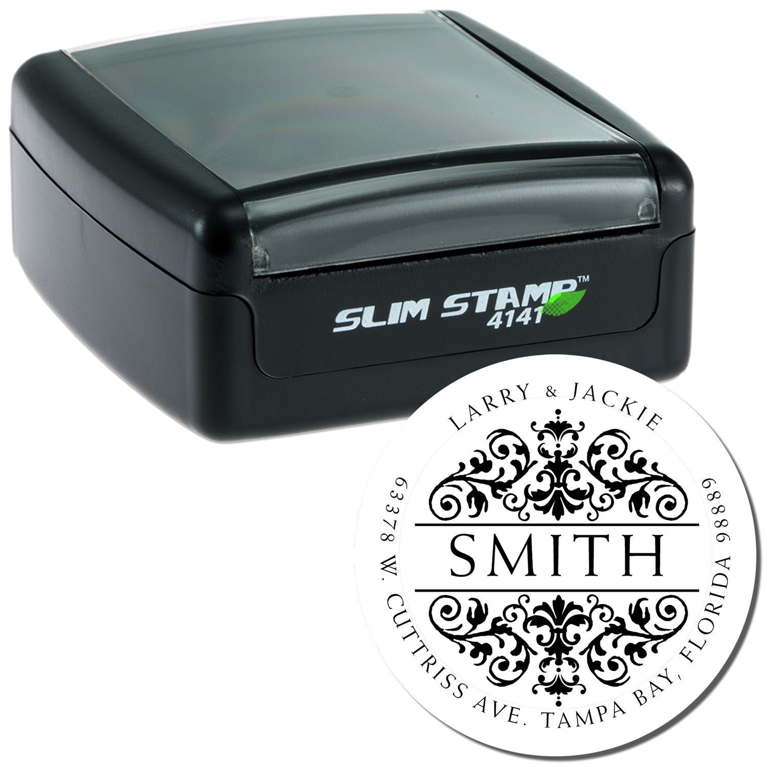 Custom self-inking rubber stamp with Slim Stamp 4141 and round monogram address imprint for personalized mailing.