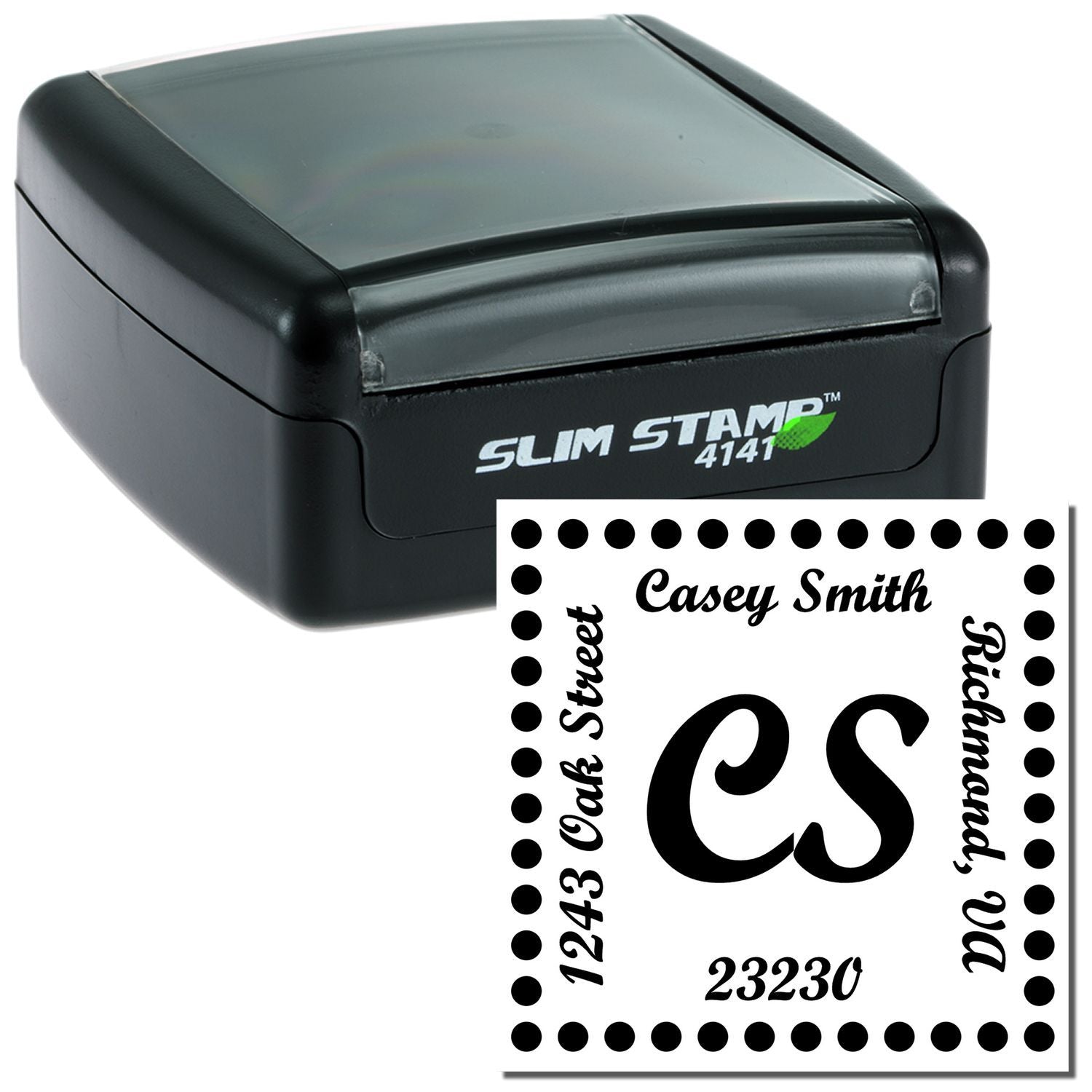Slim STAMP 4141 custom name stamp for Casey Smith, showing 23230 product ID on the included design card.