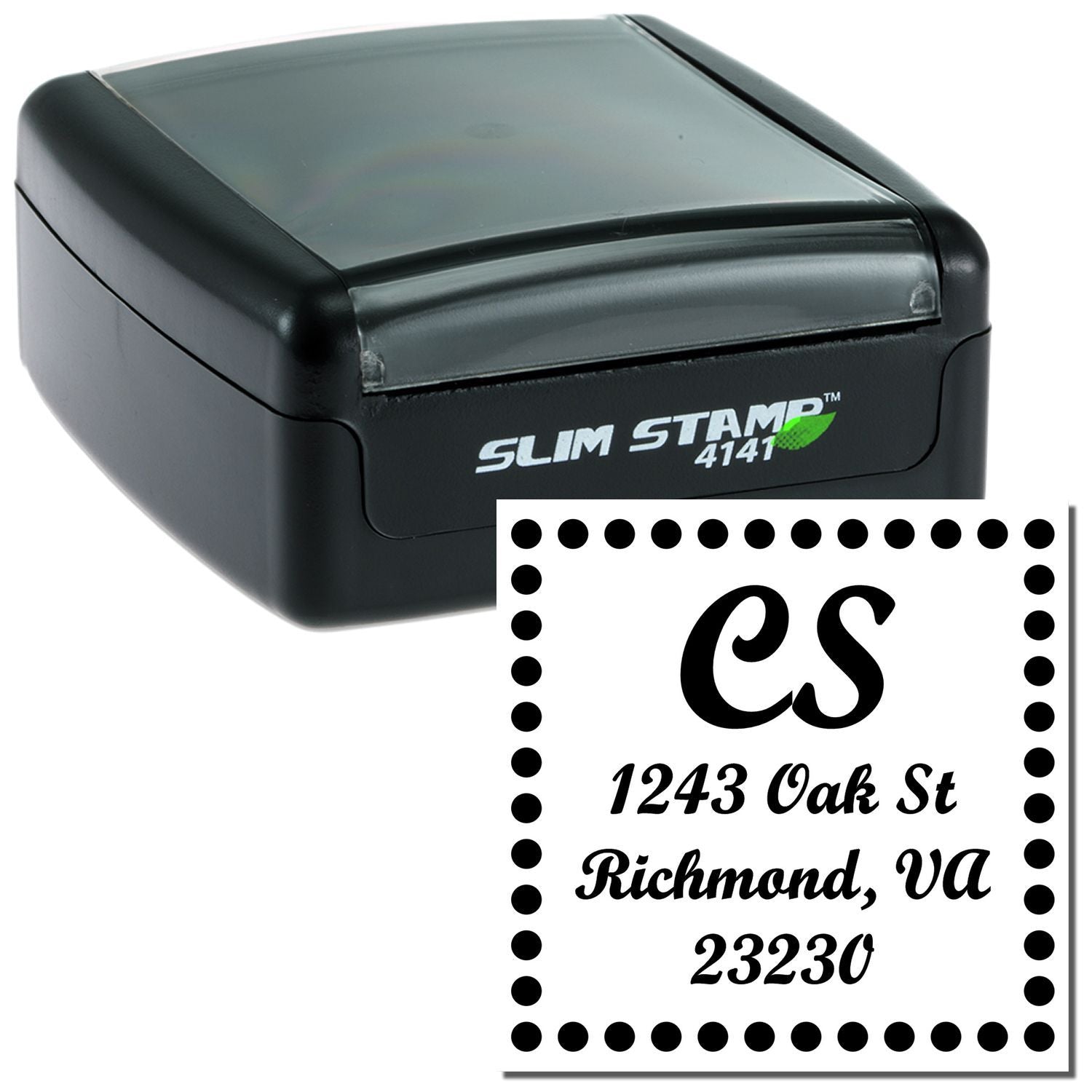 Slim Stamp 4141 self-inking custom return address stamp with sample Richmond, VA mailing imprint.