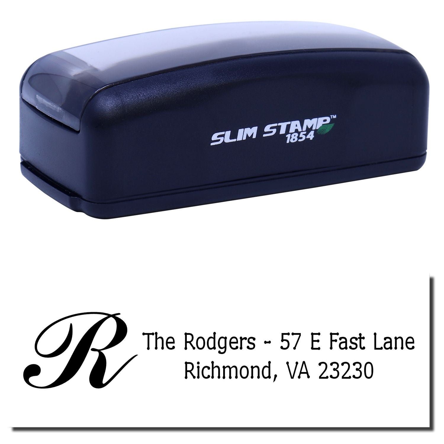 Custom self-inking rubber stamp with monogram return address for The Rodgers, Richmond, VA 23230.