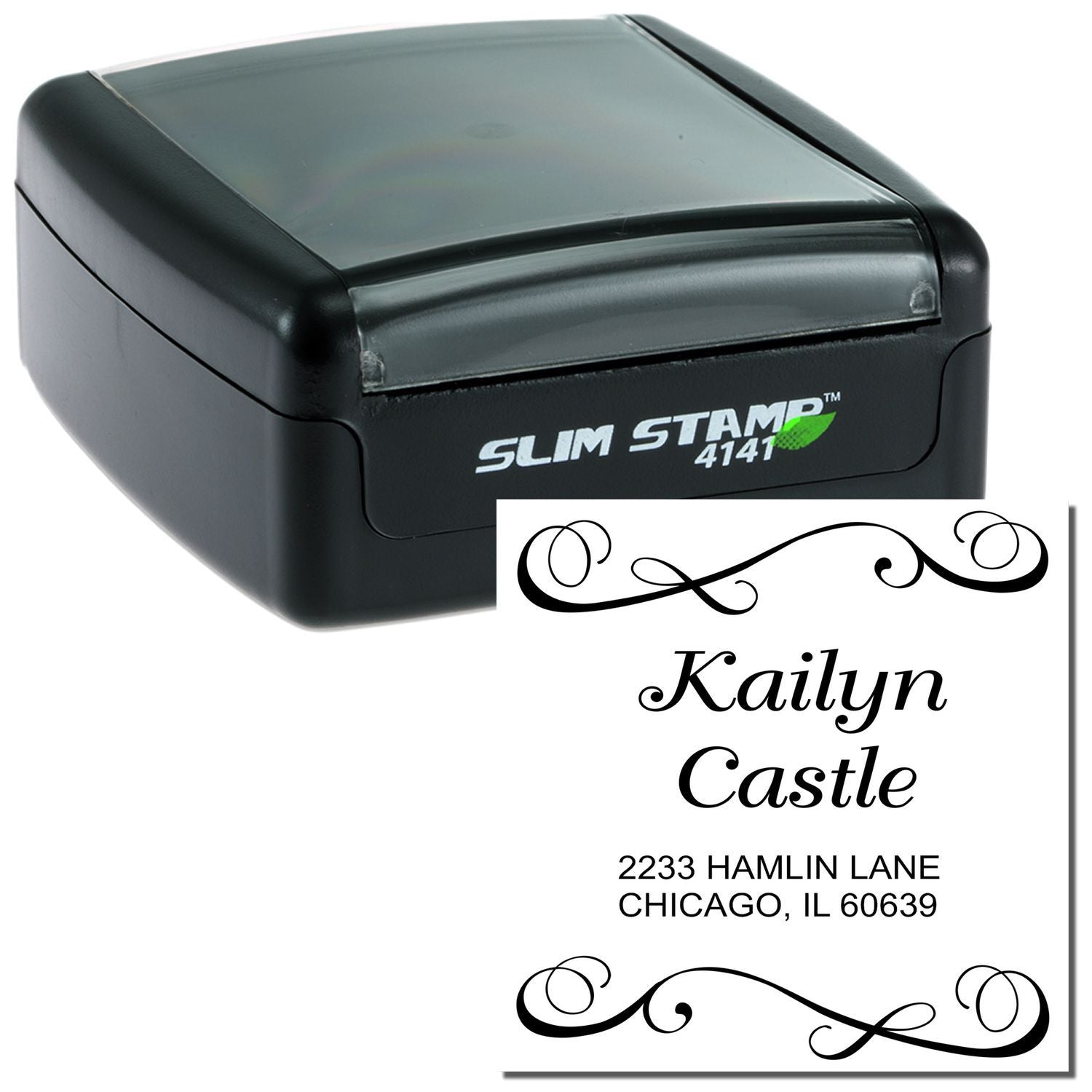 Slim Stamp 4141 self-inking stamp branded Kaitlyn Castle with Chicago address for personalized mail and labeling.