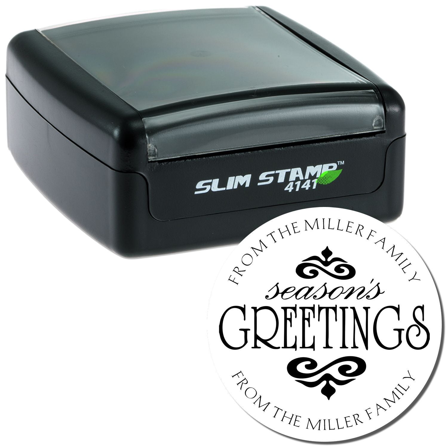Slim Stamp 4147 ink stamp with From the Miller Family greetings seal, for labeling cards and crafts.