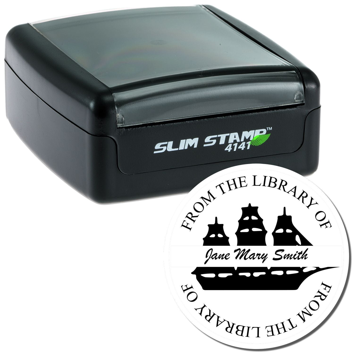 Slim Stamp 4141 self-inking library stamp reading From the Library of, personalized with Jane Mary Smith for book labeling.