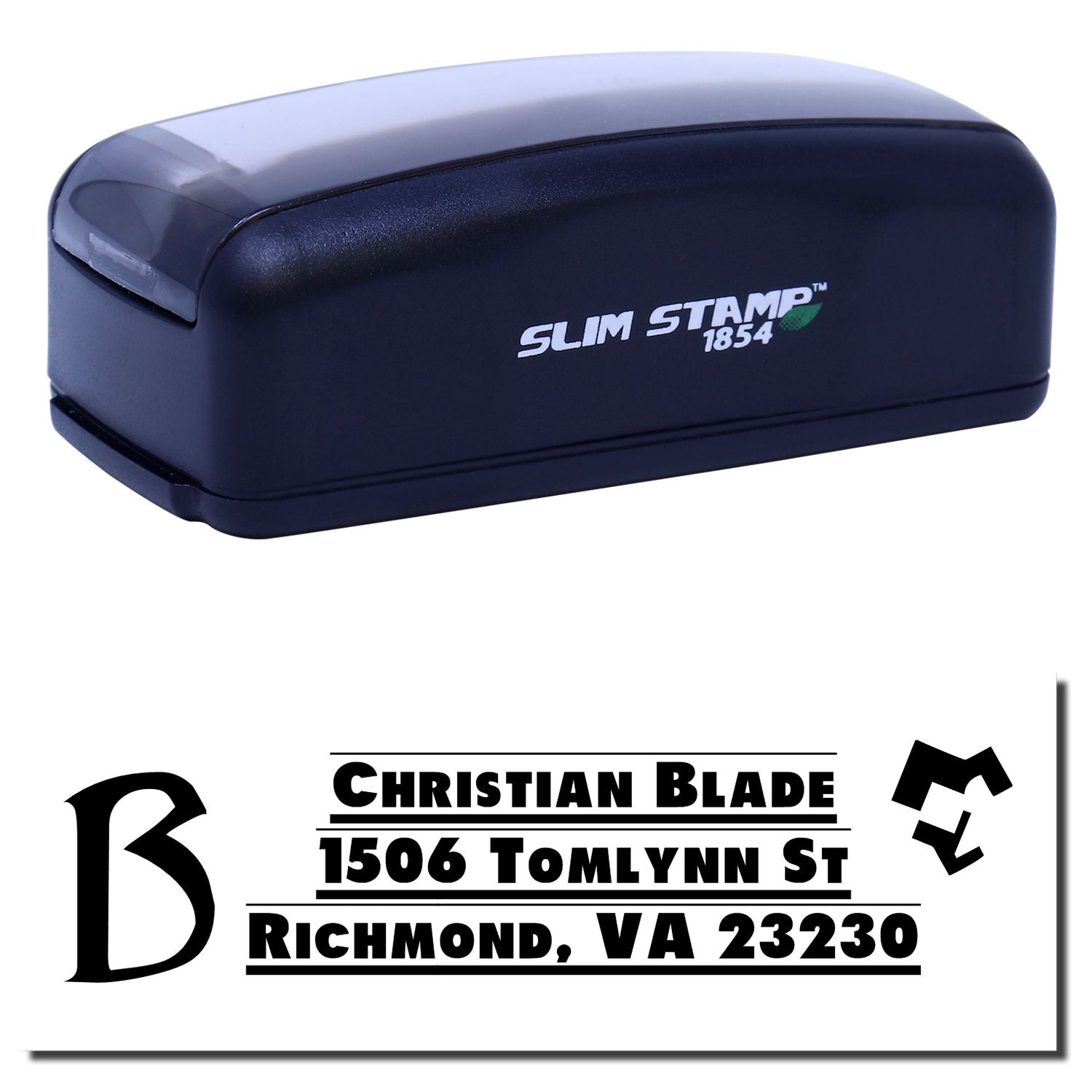 Slim Stamp 1854 self-inking custom rubber stamp with address imprint sample for Christian Blade in Richmond, VA