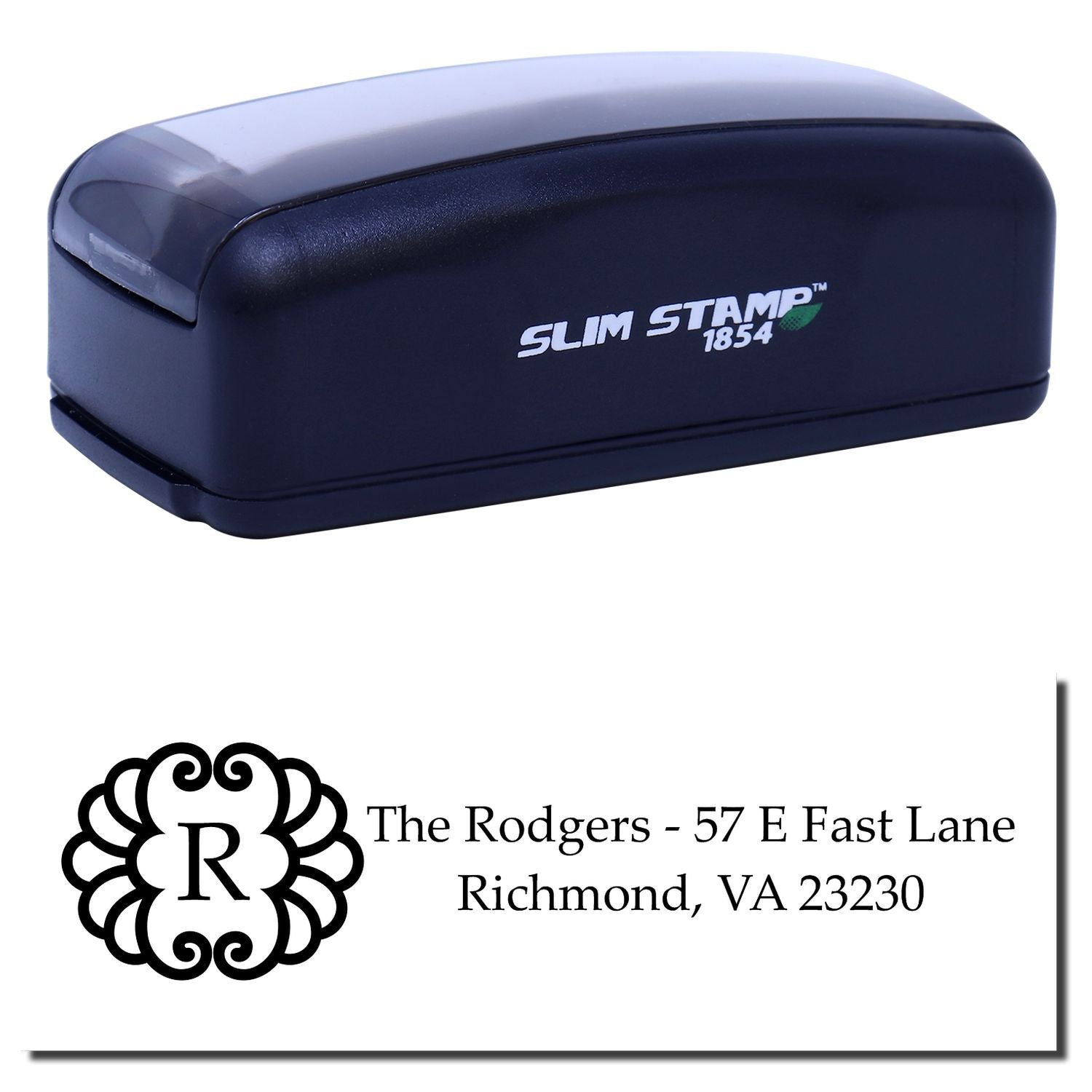 Slim Stamp 1854 self-inking address stamp with custom monogram and return address imprint for personalized mailing.