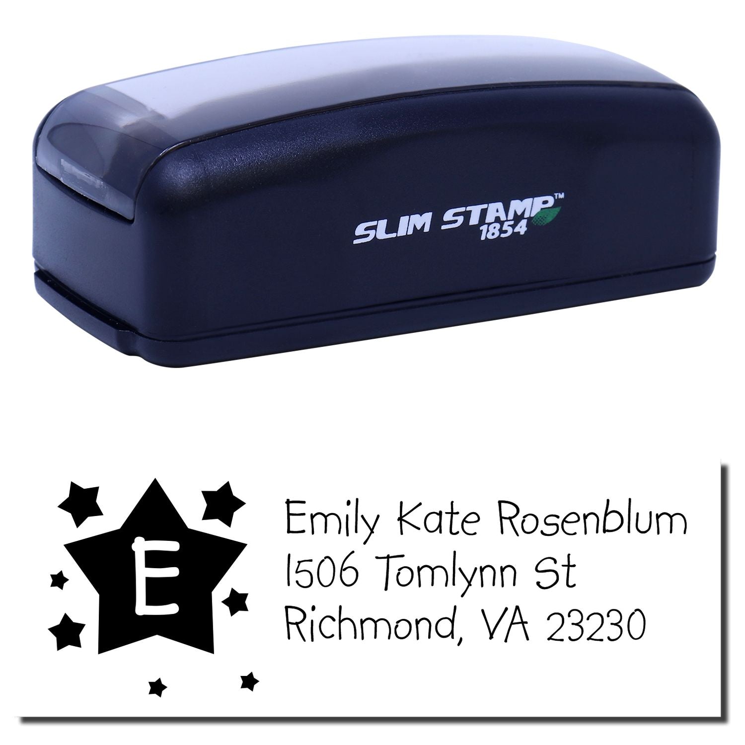 Custom self-inking address rubber stamp with star monogram and sample imprint, Slim Stamp 1854
