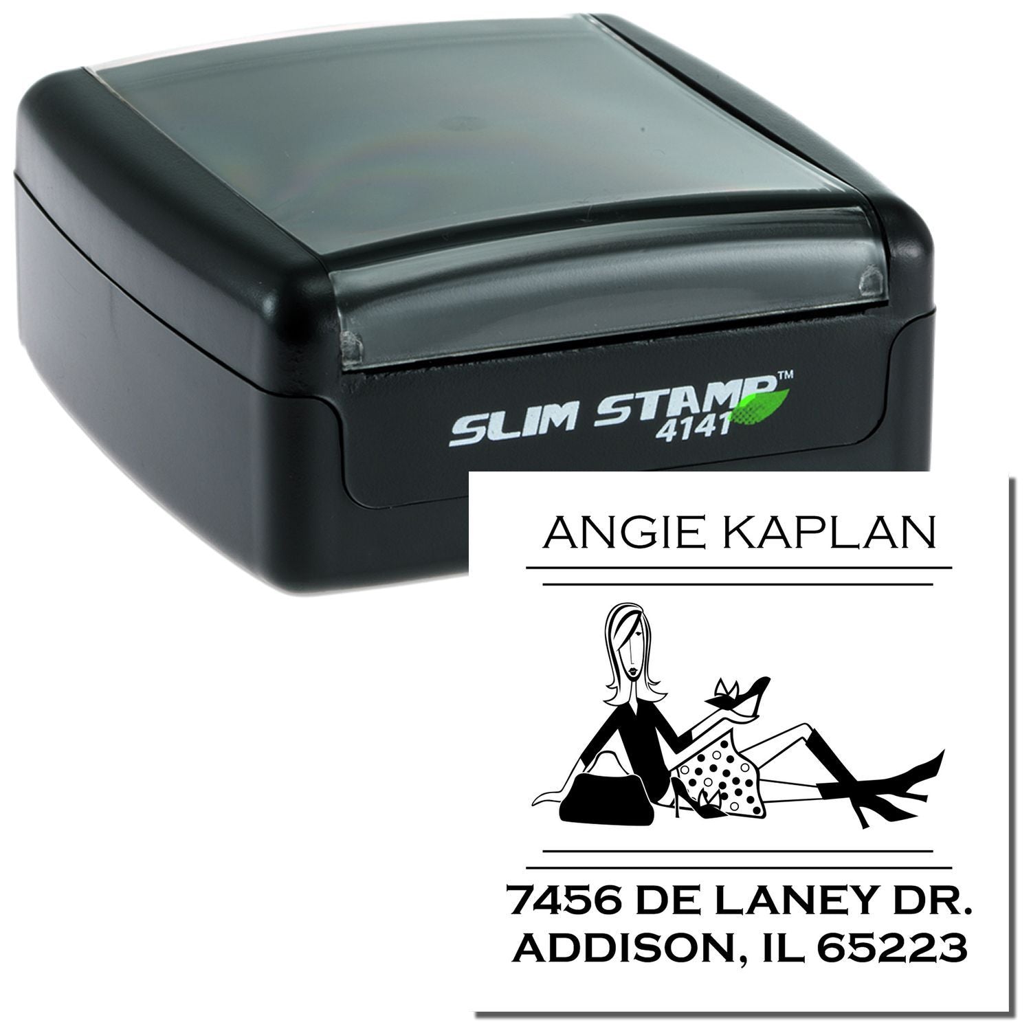 Personalized Slim Stamp 4141 self-inking return address stamp for Angie Kaplan with imprint text 7456 De Laney Dr, Addison IL 65223.