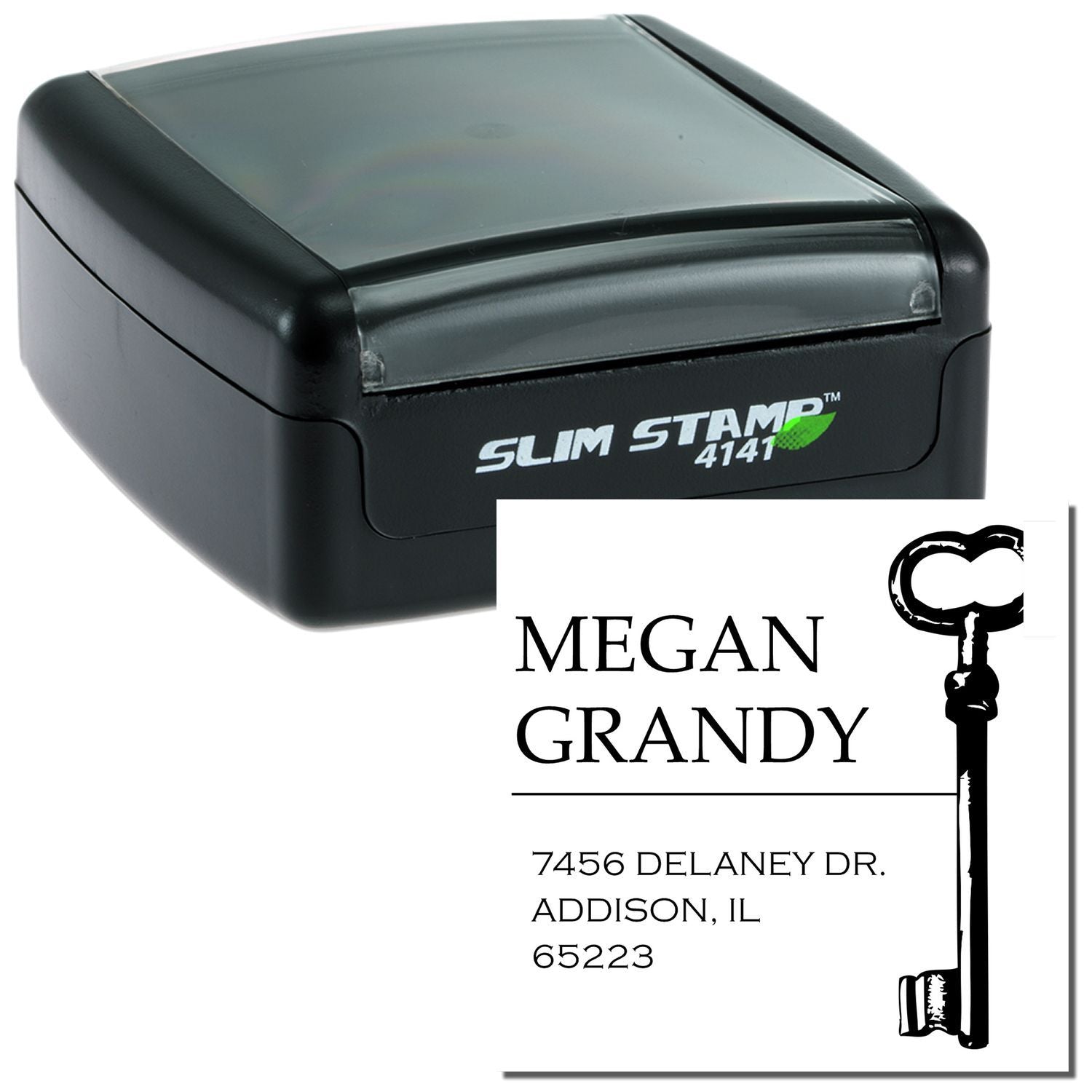 Slim Stamp 4141 personalized address stamp for Megan Grandy with 7456 Delaney Dr, Addison IL 65223.