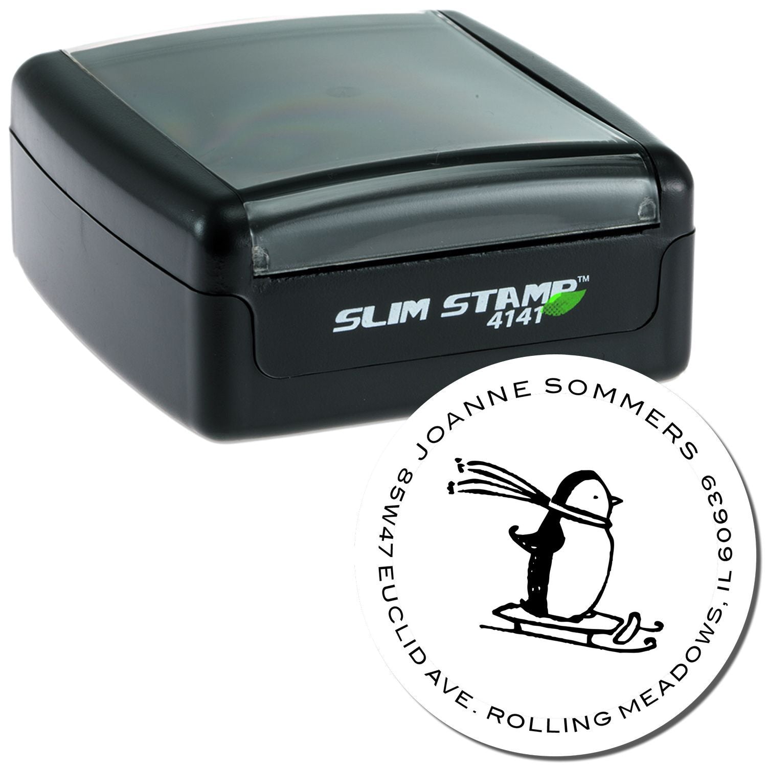 Slim Stamp 4141 self-inking address stamp imprint for Joanne Sommers, Rolling Meadows, Illinois 60069.