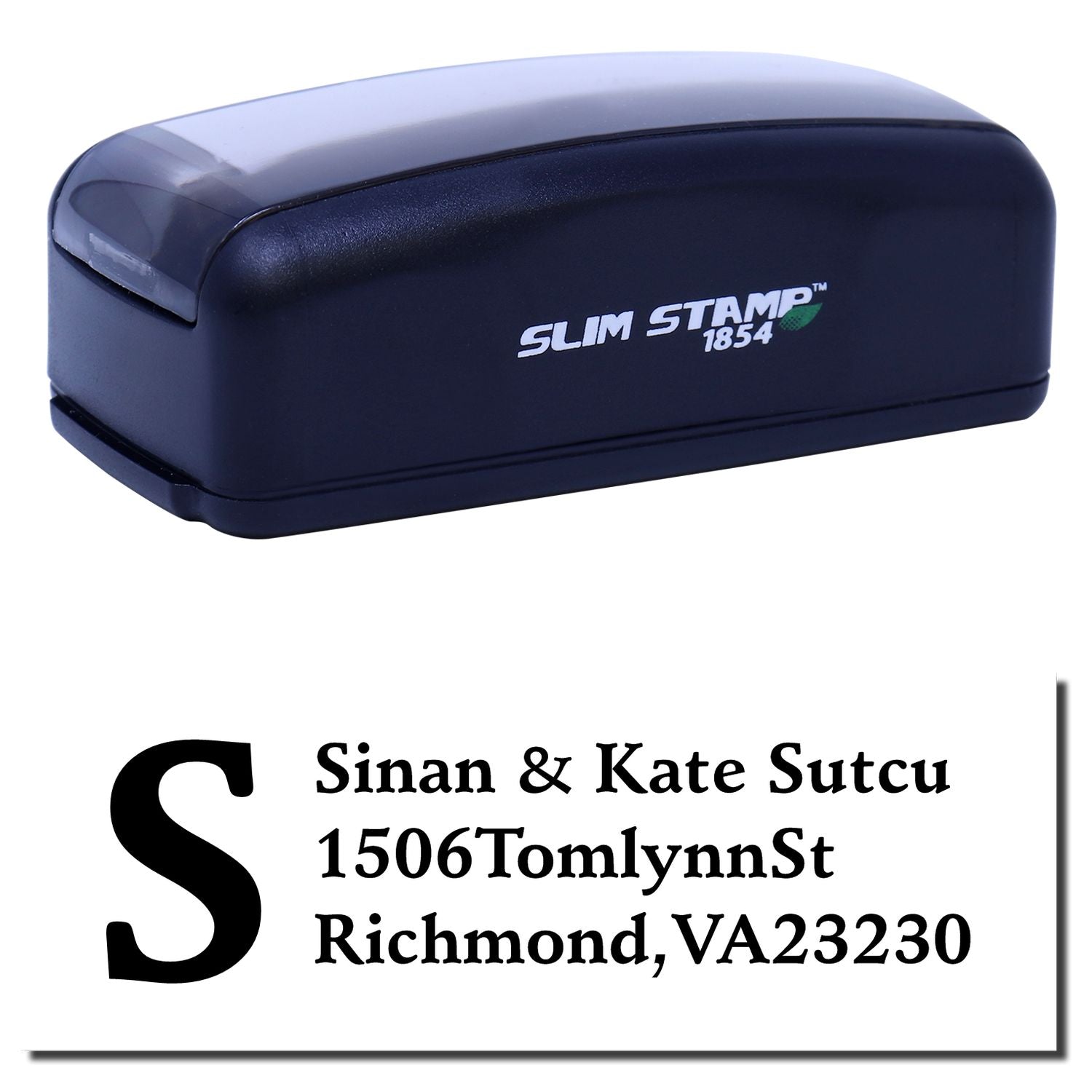 Slim Stamp 1854 custom rubber stamp with return address imprint for Sinan & Kate Sutu, Richmond, VA 23230