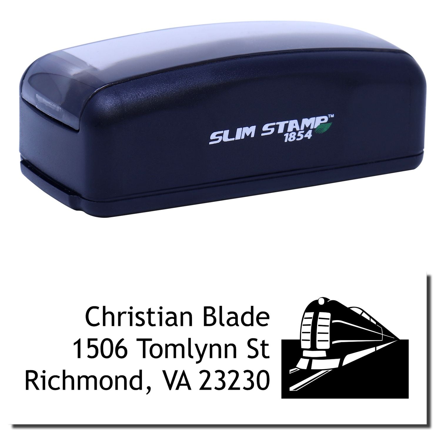 Slim Stamp 1854 custom self-inking address rubber stamp with Christian Blade Richmond, VA return address and logo.