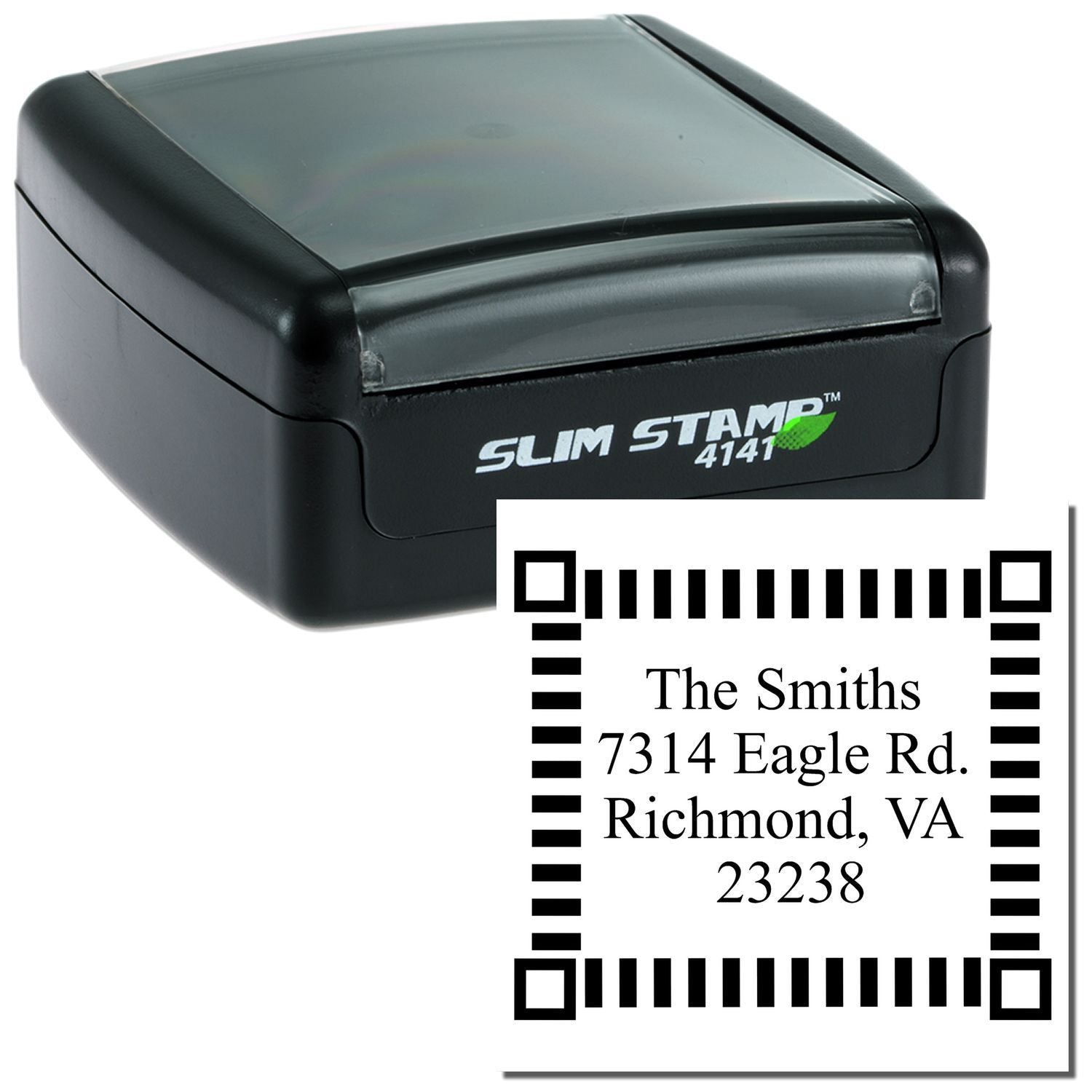 Slim Stamp 4141 self-inking address stamp showing The Smiths, 7314 Eagle Rd, Richmond VA 23238 for shipping labels and return addresses.