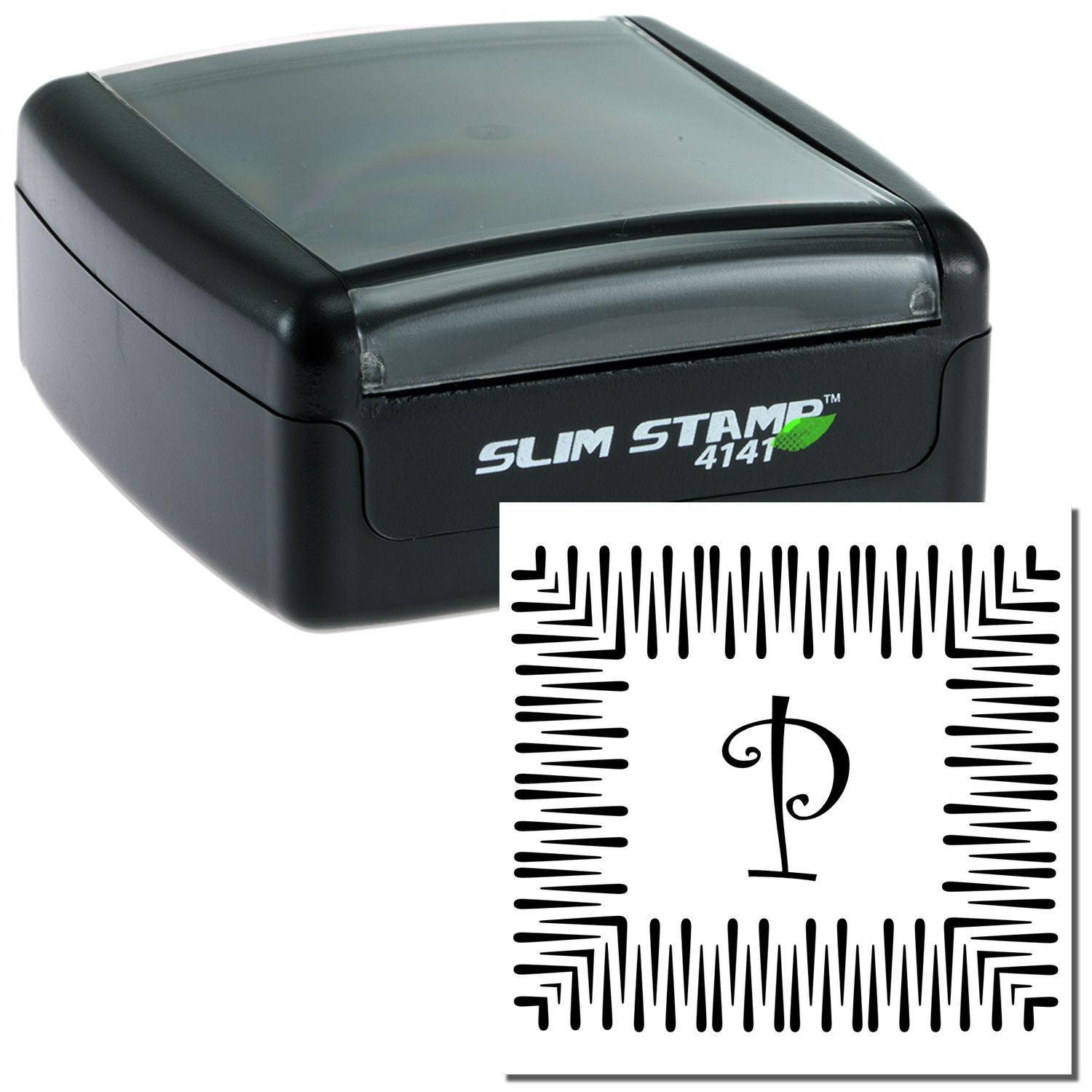 Slim Stamp 4141 custom self-inking stamp with decorative monogram P imprint for business branding and office use