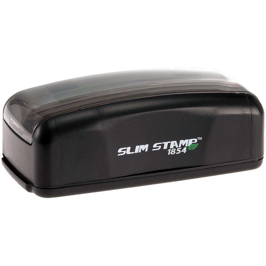 Slim Stamp 1854 self-inking stamp unit for quick, clean imprintingproduct photo of compact black stamp.