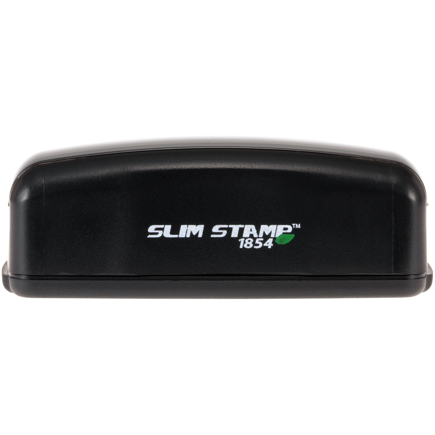 Slim Stamp 1854 black stamp case logo close-up, showing branded custom stamp product for office labeling